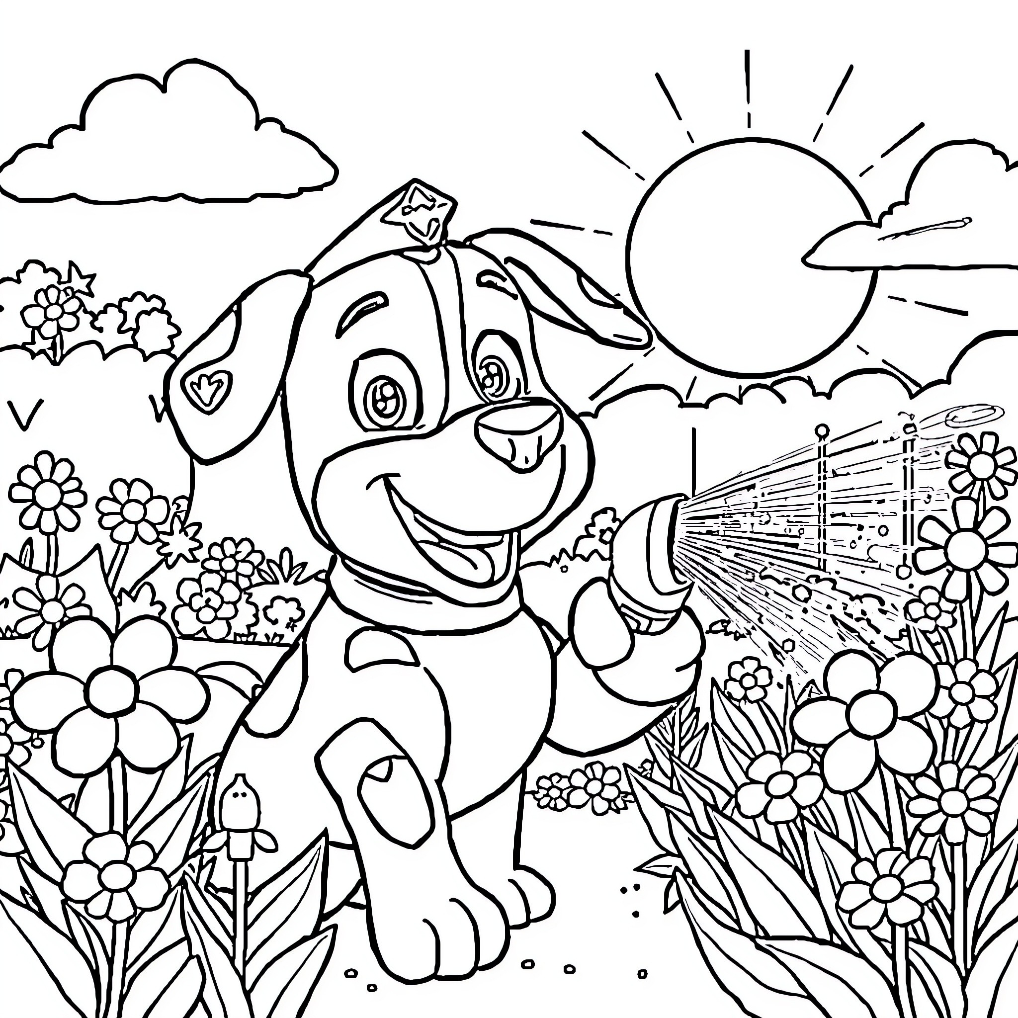 Marshall's Playful Adventure in a Flower-Filled Landscape Coloring Page (free black-and-white line drawing printable PDF for all, from beginners to advanced learners, including children, teens, adults, and seniors)