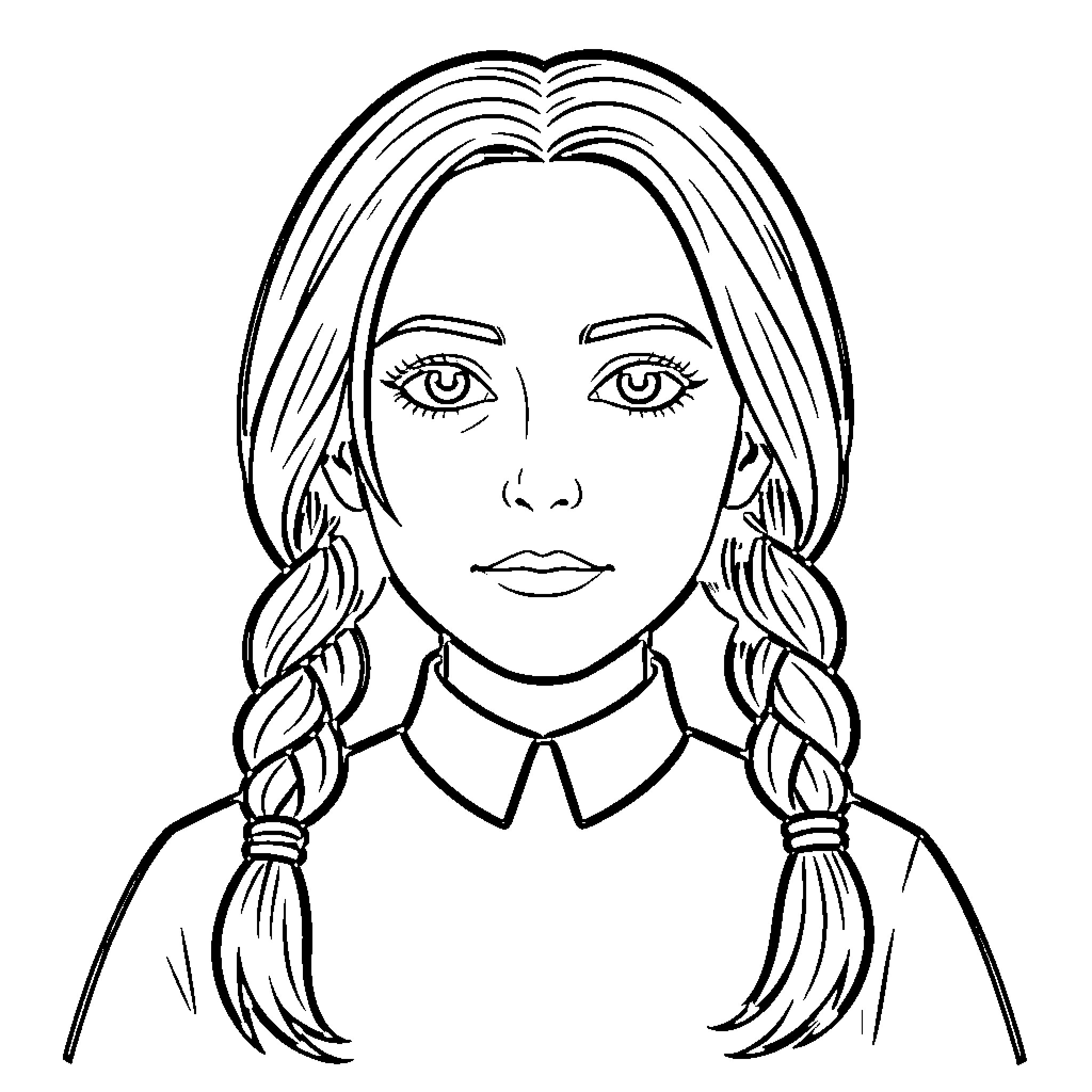 Wednesday's Braided Elegance Coloring Page (free black-and-white line drawing printable PDF for all, from beginners to advanced learners, including children, teens, adults, and seniors)