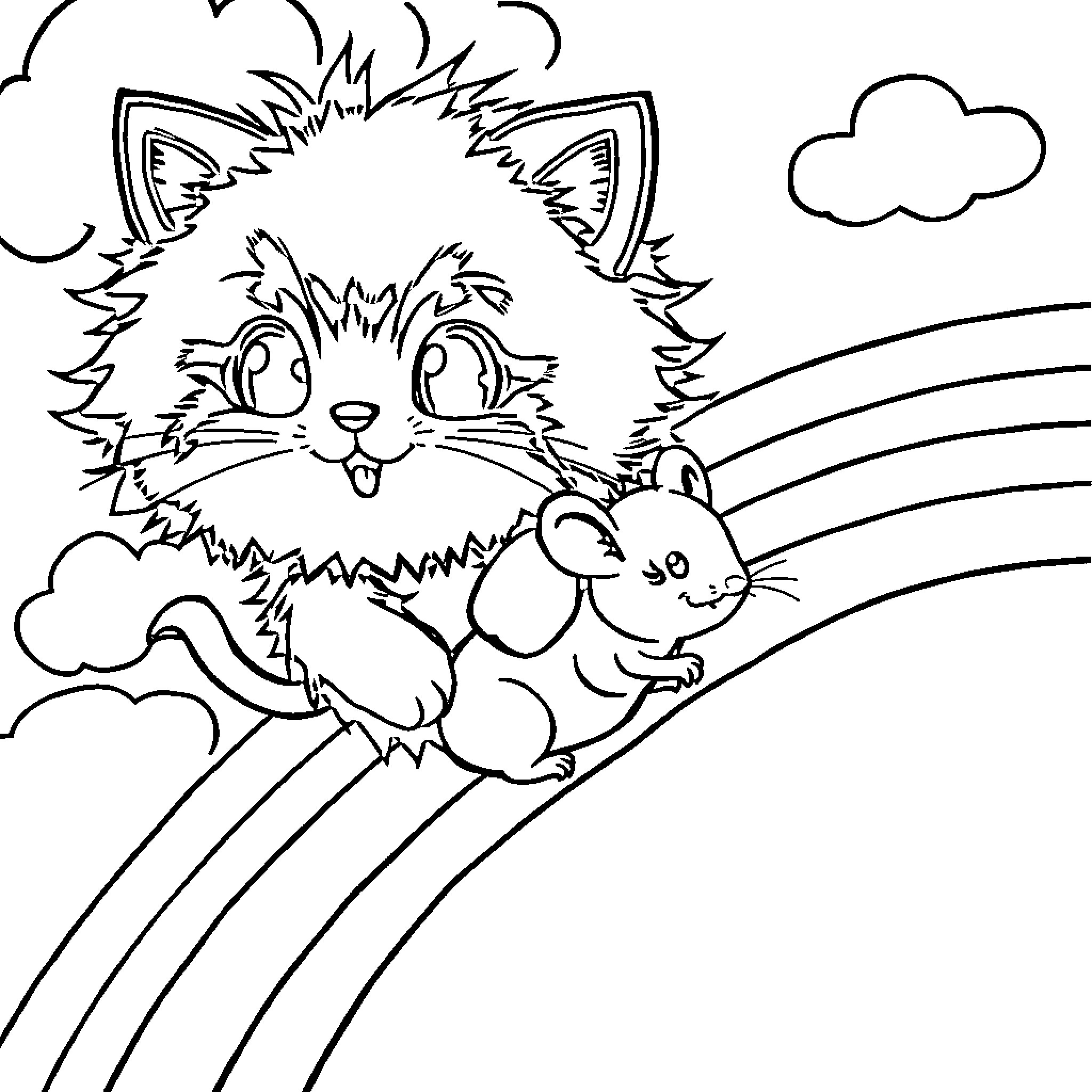 Cat chasing playful mouse in the clouds Coloring Page (free black-and-white line drawing printable PDF for all, from beginners to advanced learners, including children, teens, adults, and seniors)