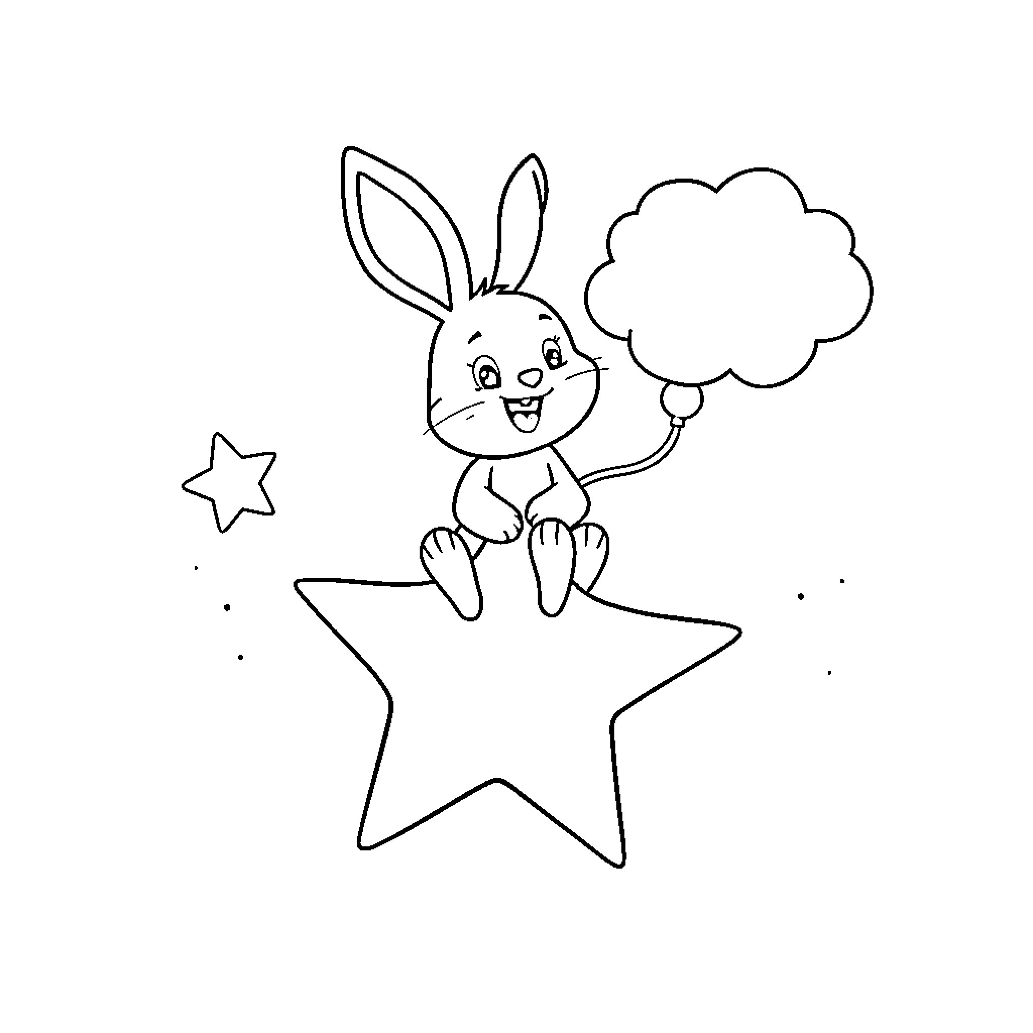 Bunny sitting on a star with a thought bubble Coloring Page (free black-and-white line drawing printable PDF for all, from beginners to advanced learners, including children, teens, adults, and seniors)
