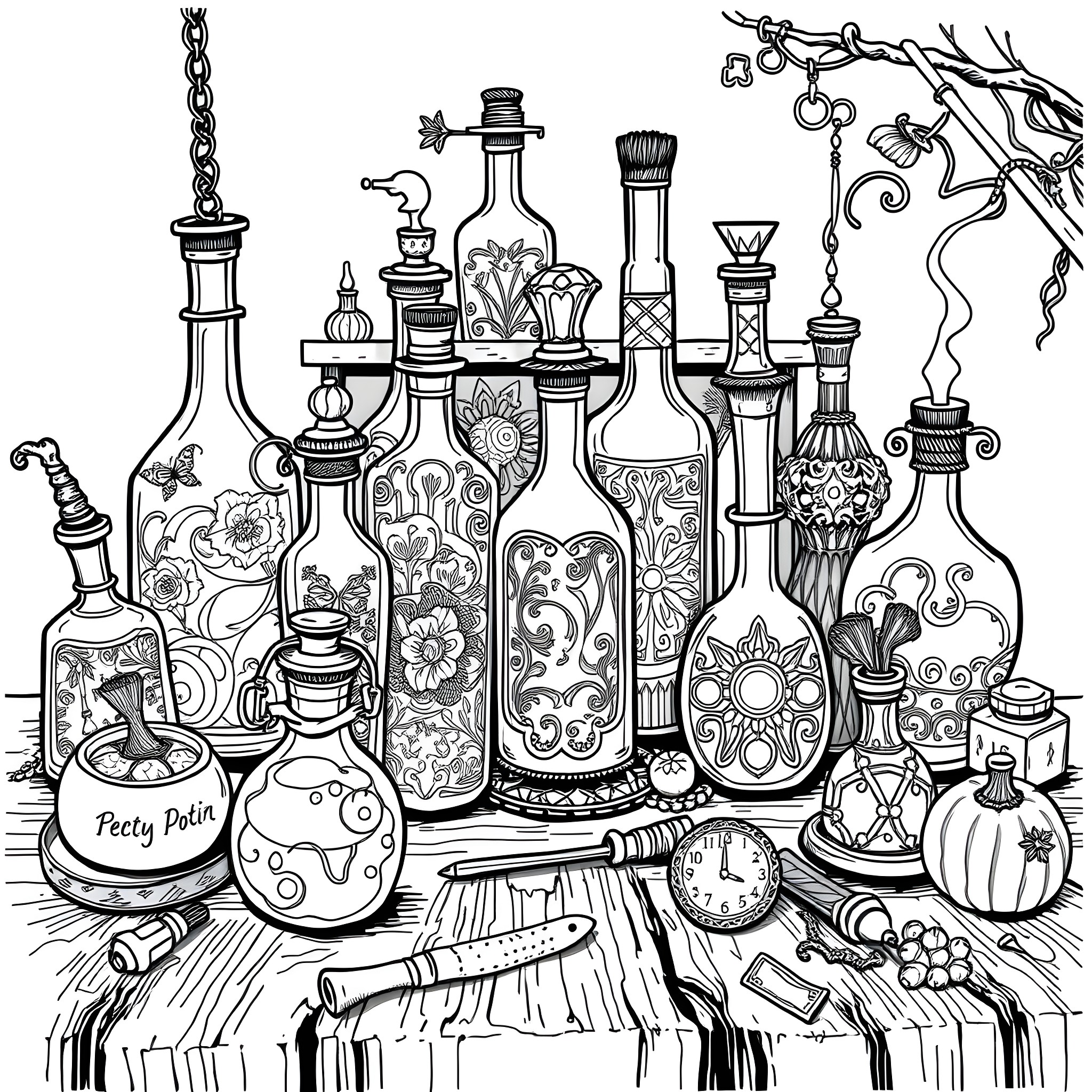 Potion Bottle Collection Displayed on Wooden Shelves Coloring Page (free black-and-white line drawing printable PDF for all, from beginners to advanced learners, including children, teens, adults, and seniors)