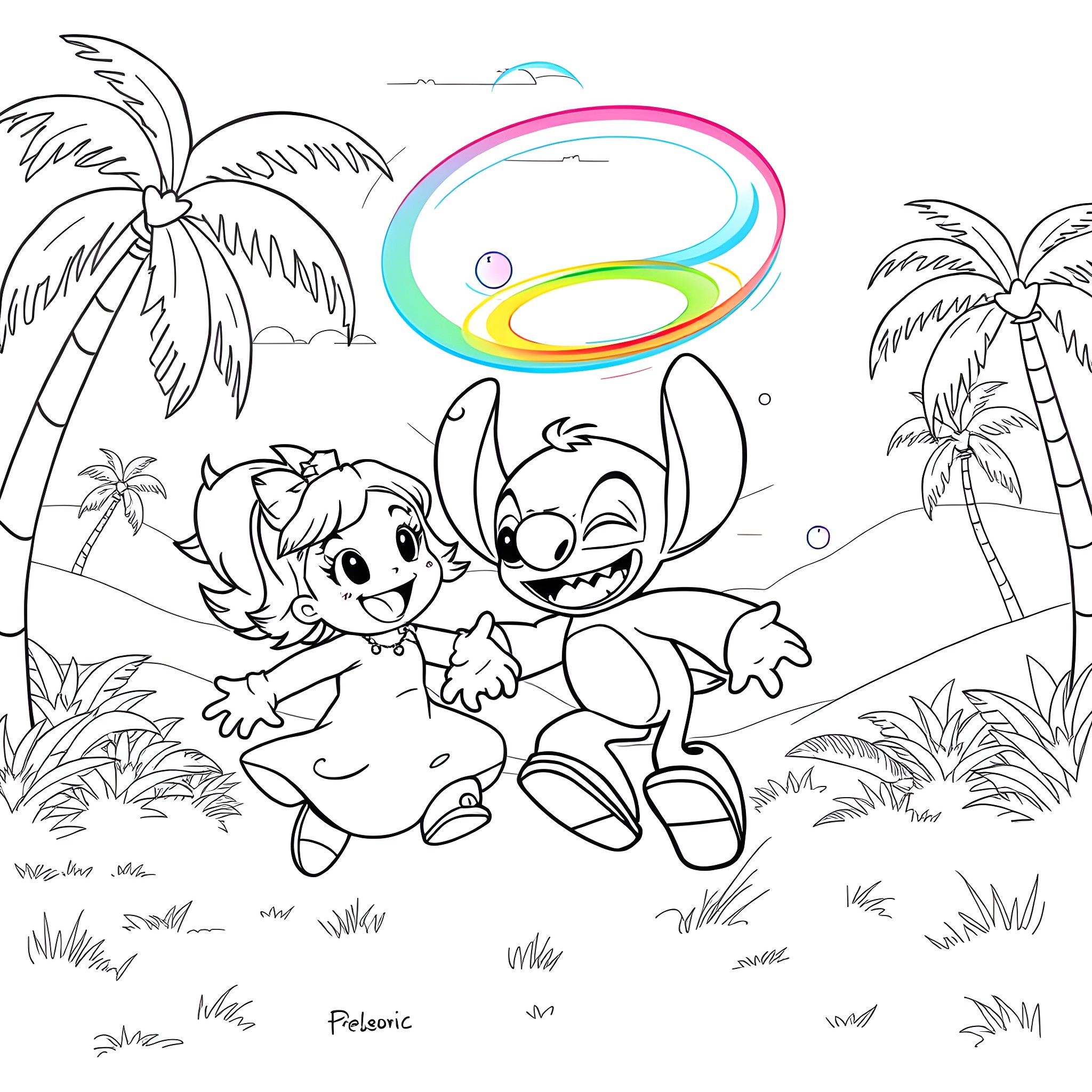 Lilo and Stitch playing together on the beach Coloring Page (free black-and-white line drawing printable PDF for all, from beginners to advanced learners, including children, teens, adults, and seniors)