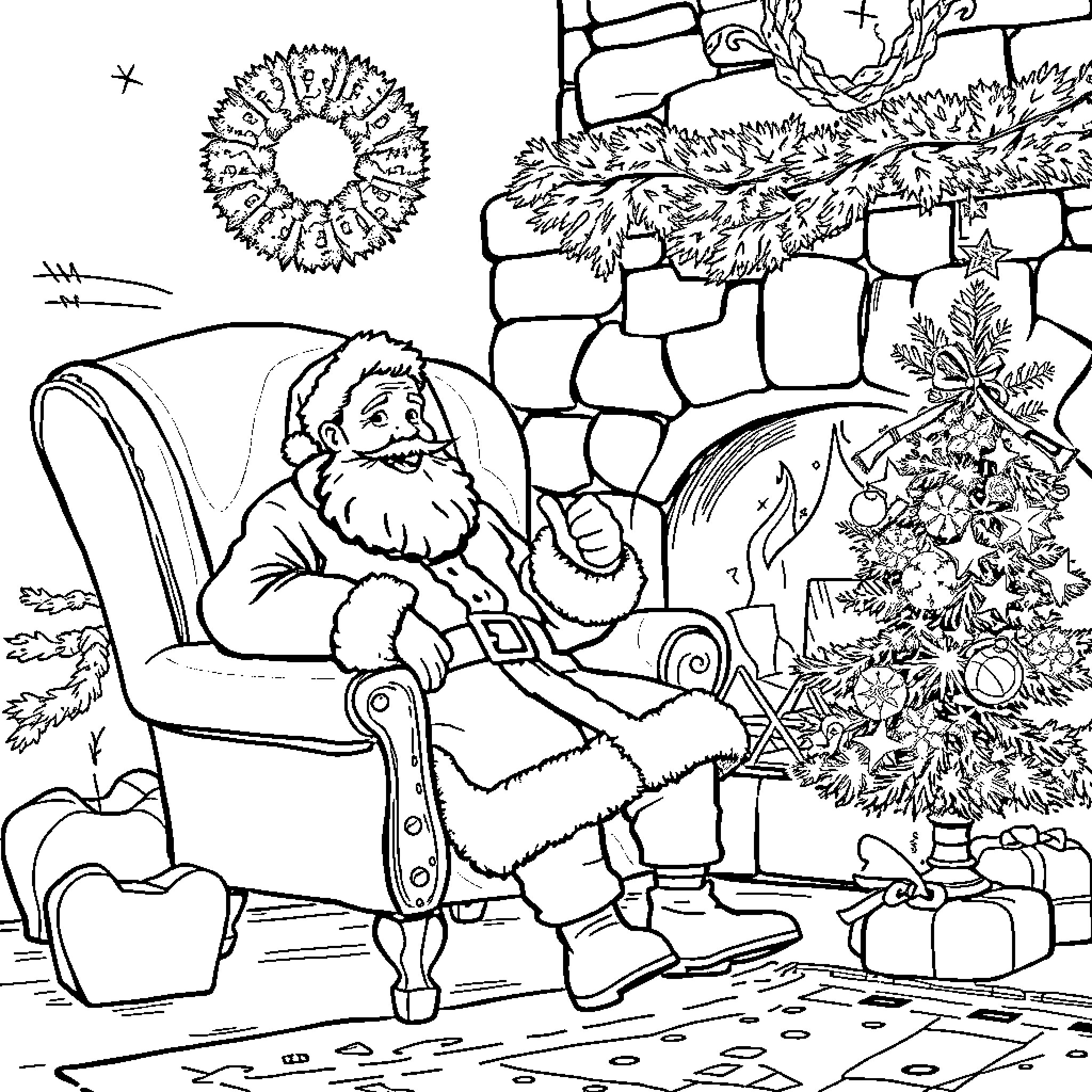 Père Noël relaxing by the Christmas tree Coloring Page (free black-and-white line drawing printable PDF for all, from beginners to advanced learners, including children, teens, adults, and seniors)
