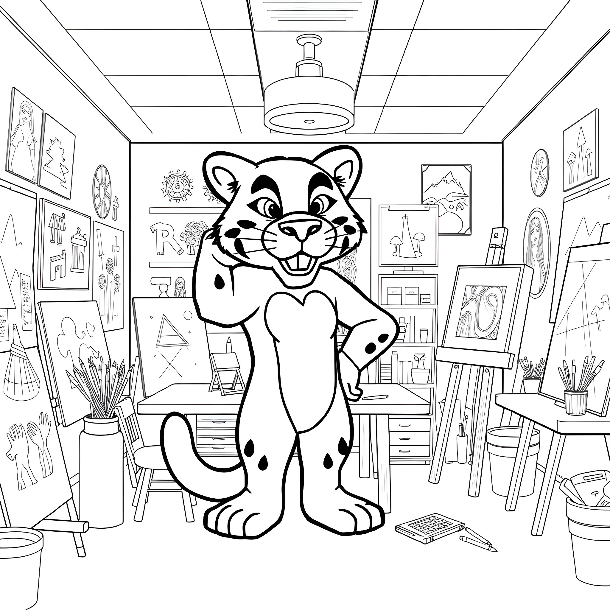 Cougar in a creative art studio Coloring Page (free black-and-white line drawing printable PDF for all, from beginners to advanced learners, including children, teens, adults, and seniors)