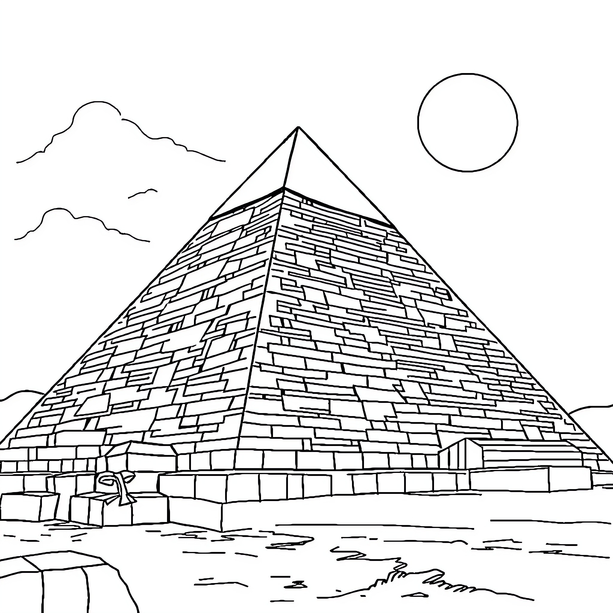 Pyramid standing tall in desert landscape Coloring Page (free black-and-white line drawing printable PDF for all, from beginners to advanced learners, including children, teens, adults, and seniors)