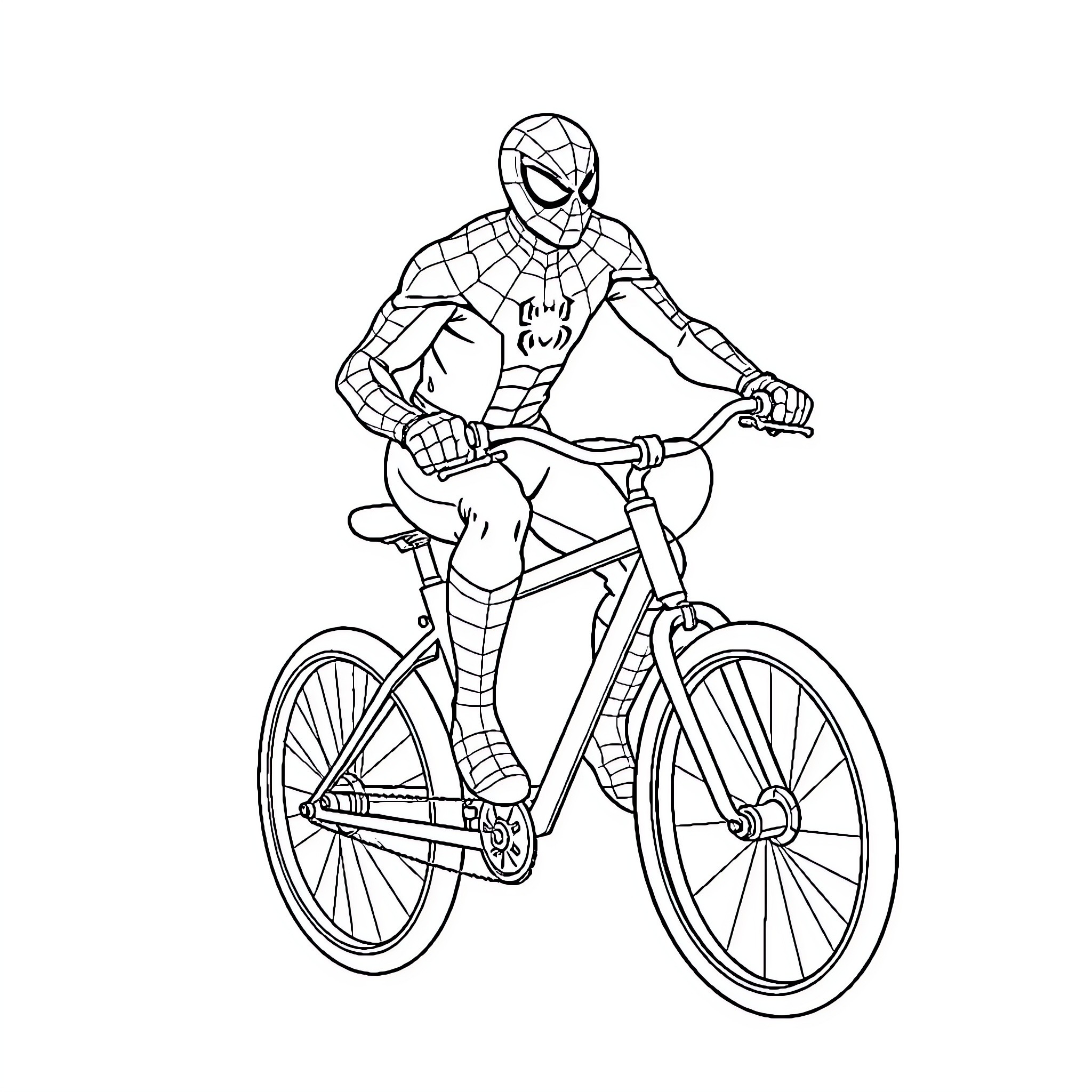 Spiderman riding a bicycle Coloring Page (free black-and-white line drawing printable PDF for all, from beginners to advanced learners, including children, teens, adults, and seniors)