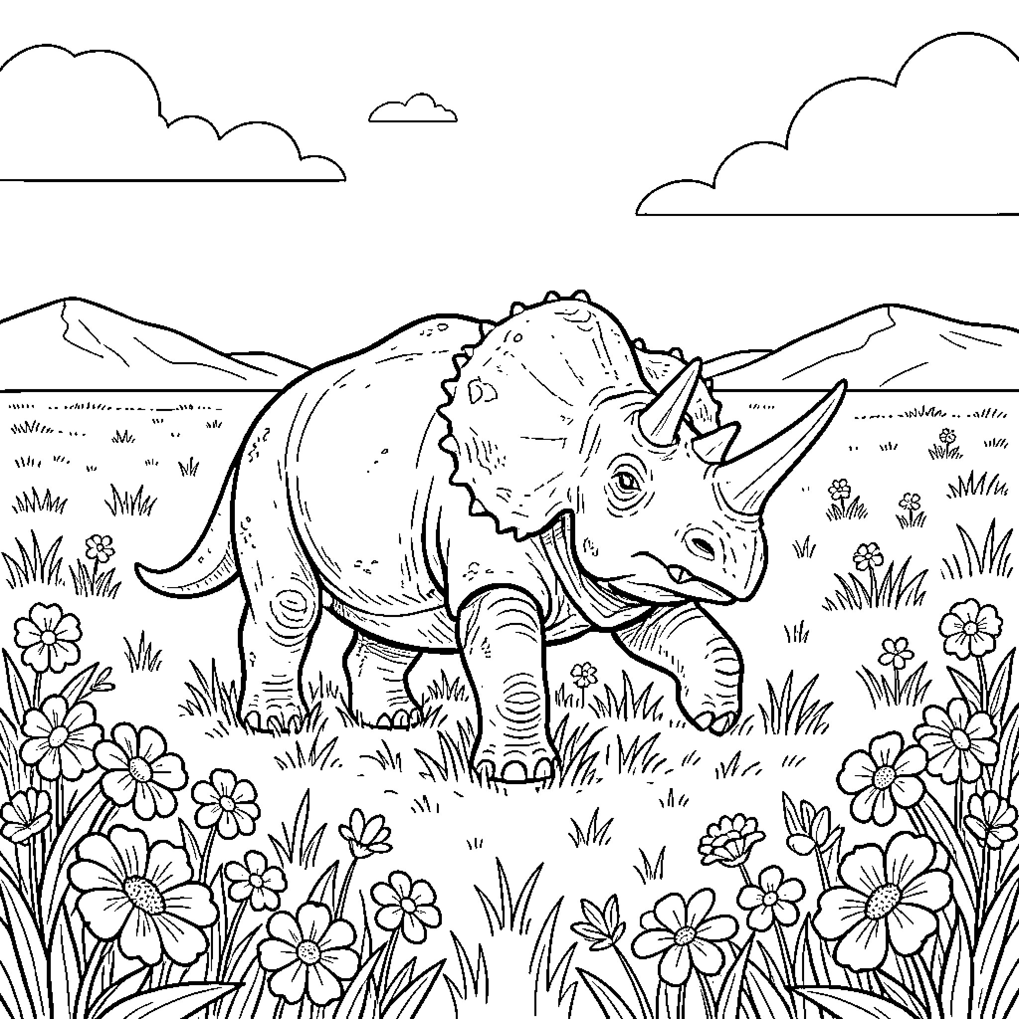 Triceratops walking through a field of flowers Coloring Page (free black-and-white line drawing printable PDF for all, from beginners to advanced learners, including children, teens, adults, and seniors)