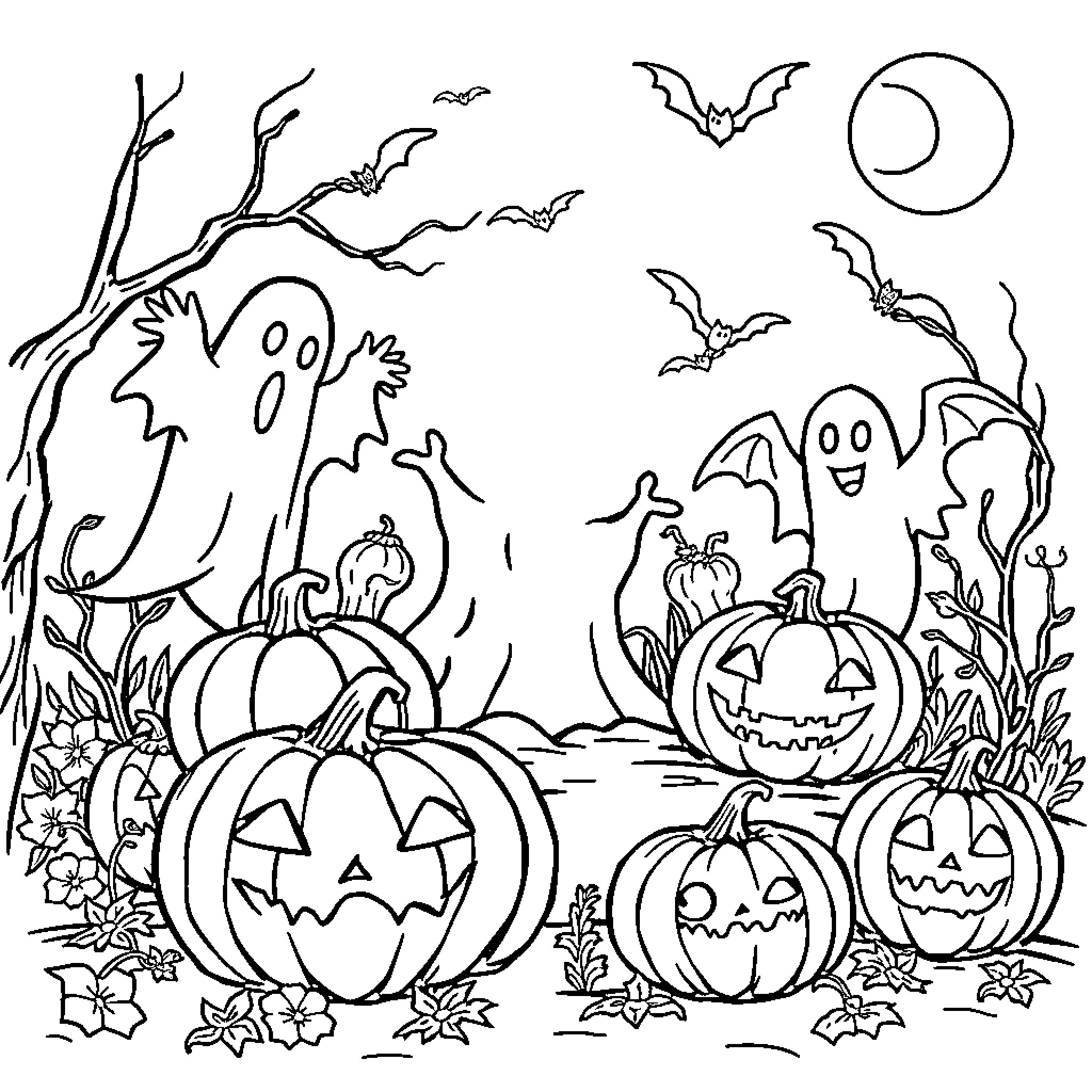 Halloween Night with Festive Pumpkins and Ghosts Coloring Page (free black-and-white line drawing printable PDF for all, from beginners to advanced learners, including children, teens, adults, and seniors)