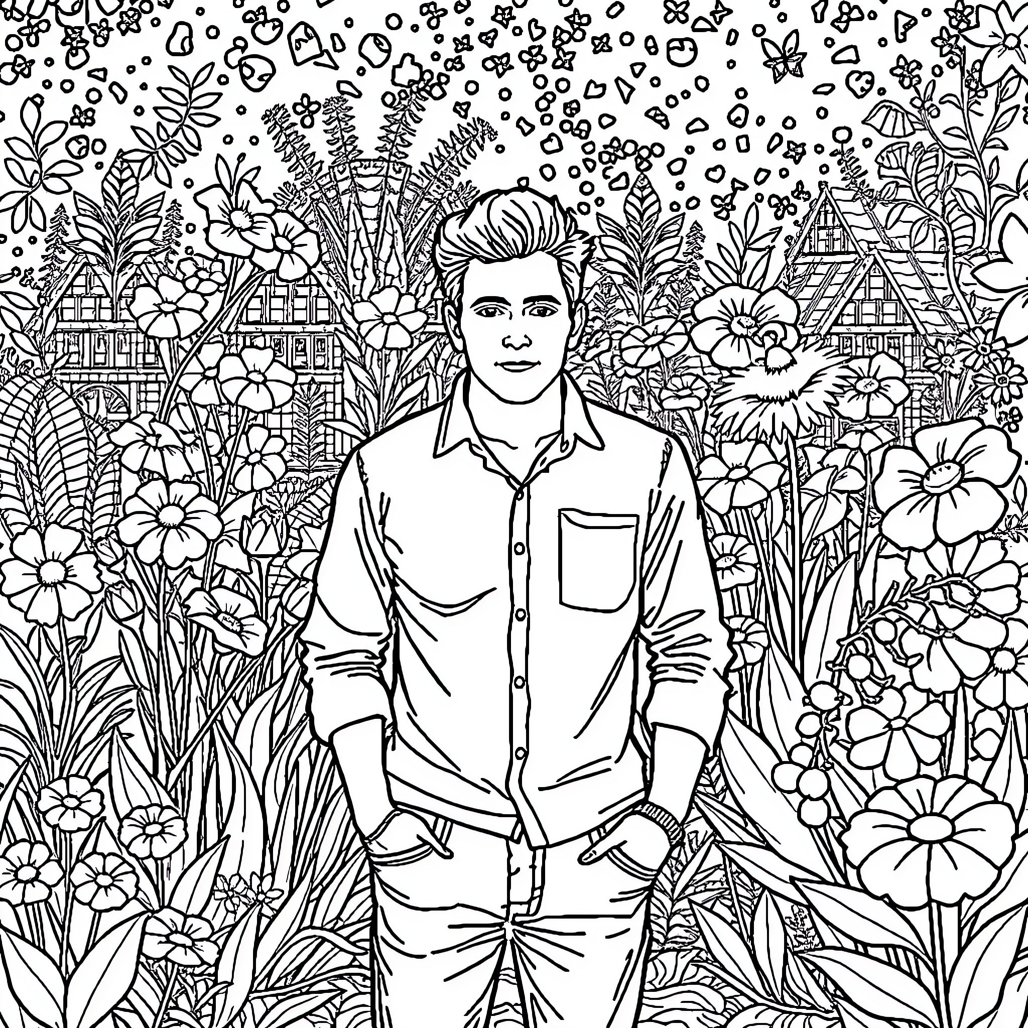 Man enjoys a floral garden landscape Coloring Page (free black-and-white line drawing printable PDF for all, from beginners to advanced learners, including children, teens, adults, and seniors)