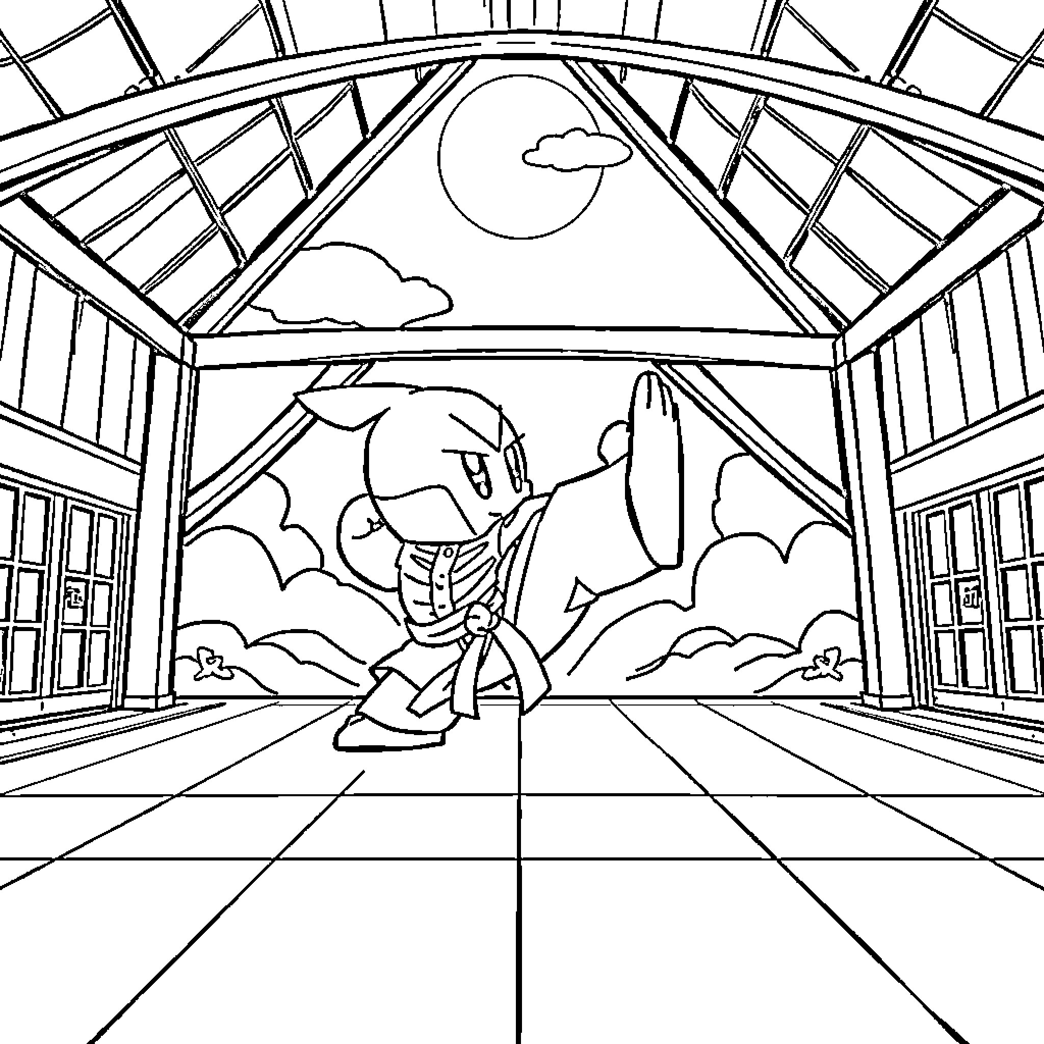Meta Knight walking in a mysterious night landscape Coloring Page (free black-and-white line drawing printable PDF for all, from beginners to advanced learners, including children, teens, adults, and seniors)