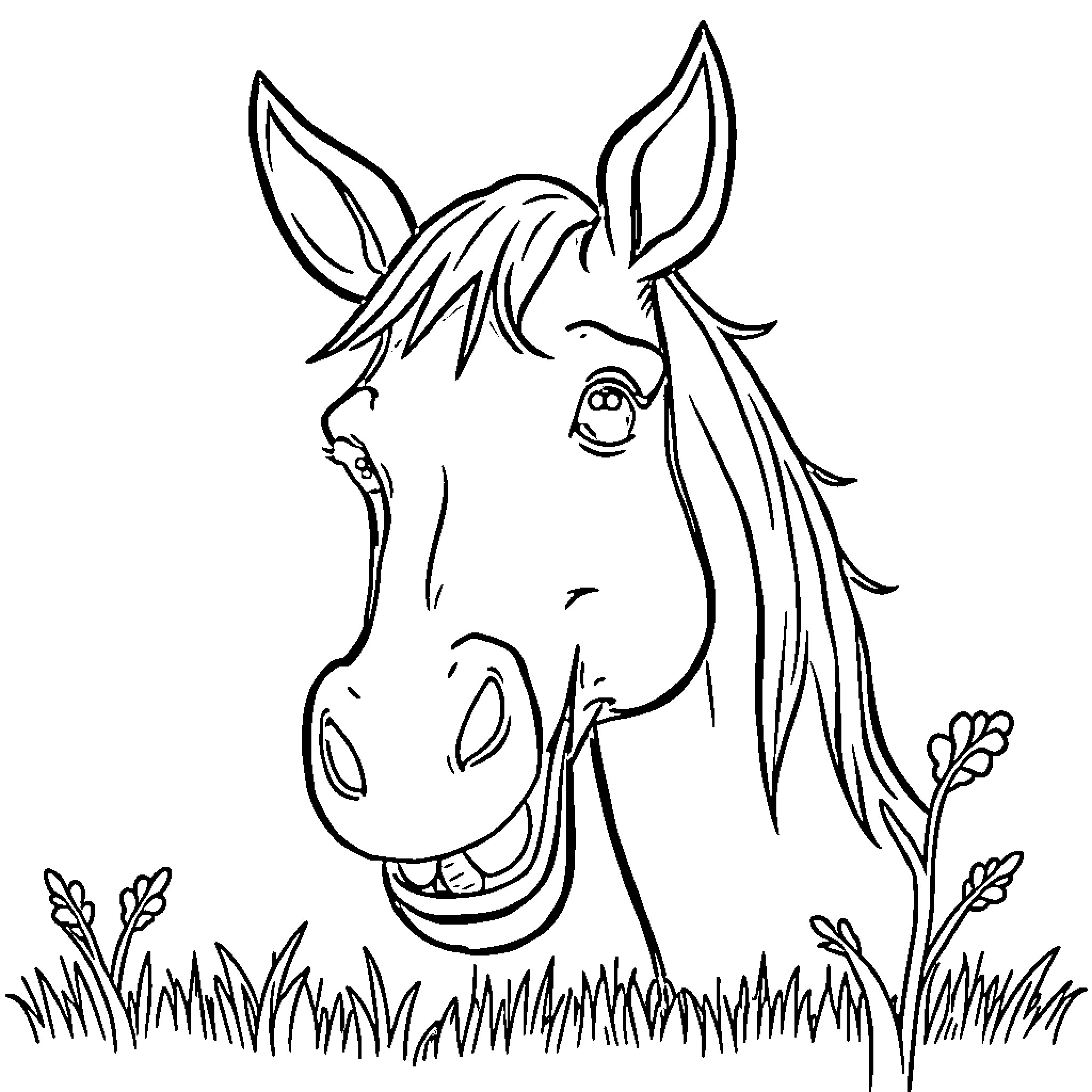 Horse happily grazing in the field Coloring Page (free black-and-white line drawing printable PDF for all, from beginners to advanced learners, including children, teens, adults, and seniors)