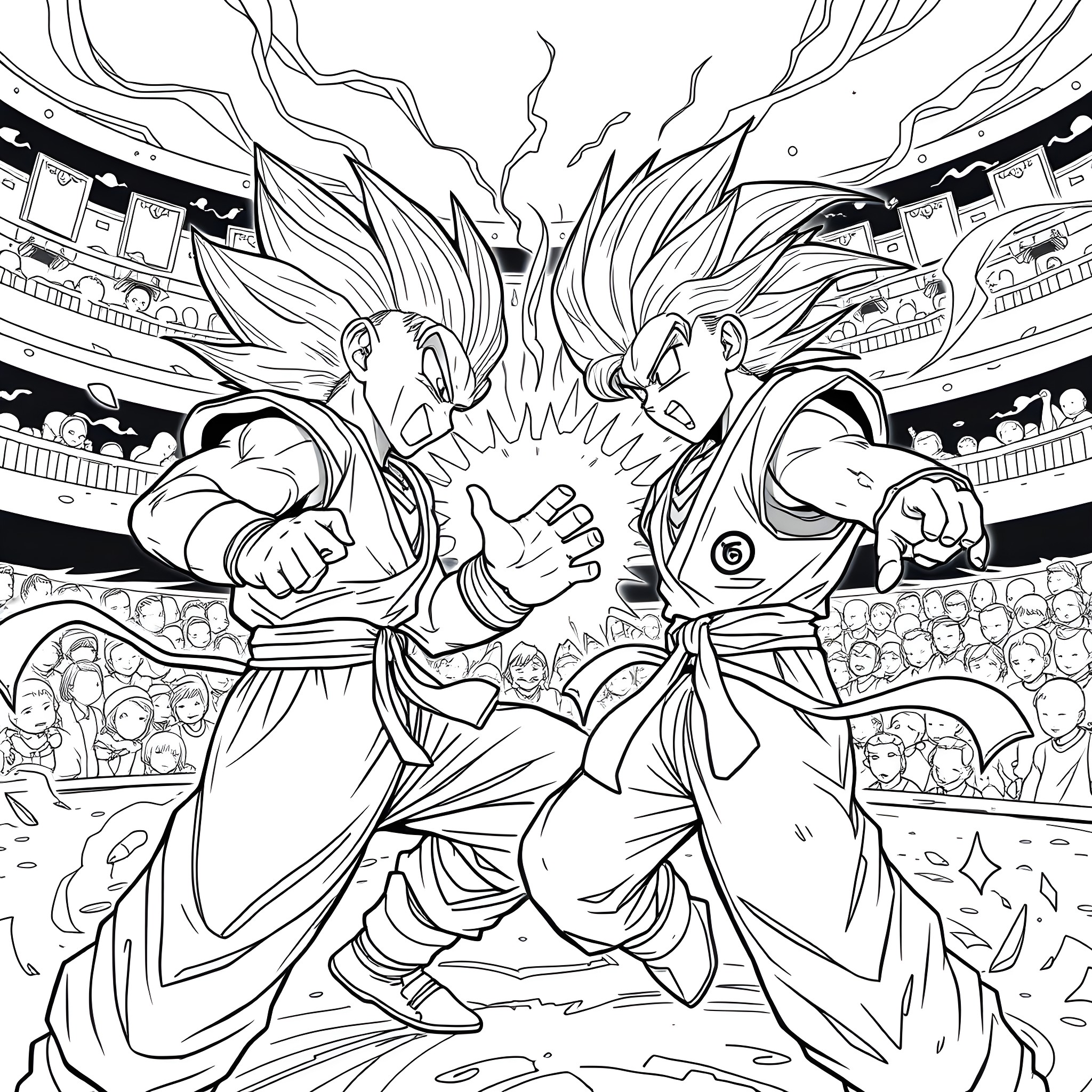 Android 18 in intense combat with Goku Coloring Page (free black-and-white line drawing printable PDF for all, from beginners to advanced learners, including children, teens, adults, and seniors)