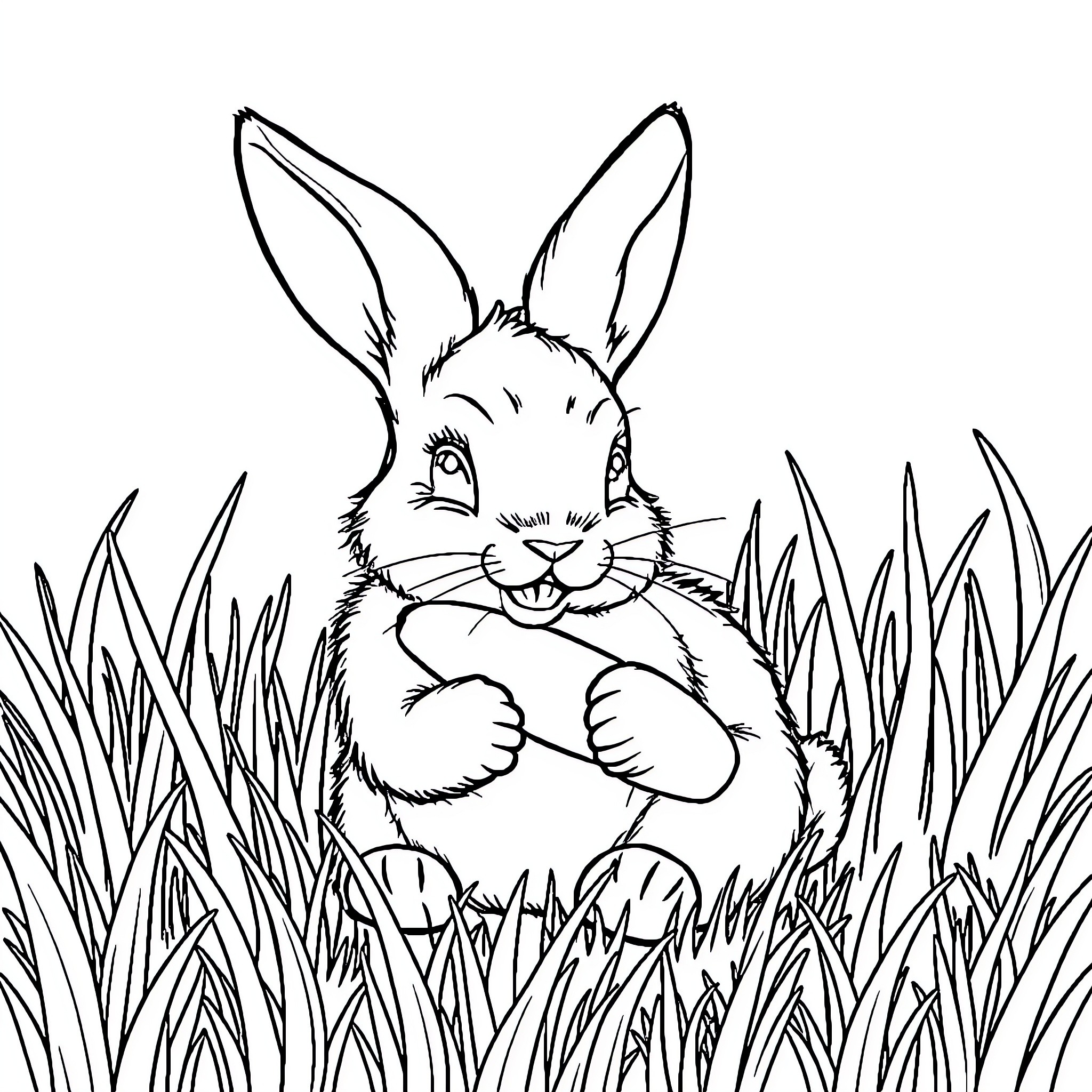 Bunny Relaxing in the Grassy Field Coloring Page (free black-and-white line drawing printable PDF for all, from beginners to advanced learners, including children, teens, adults, and seniors)