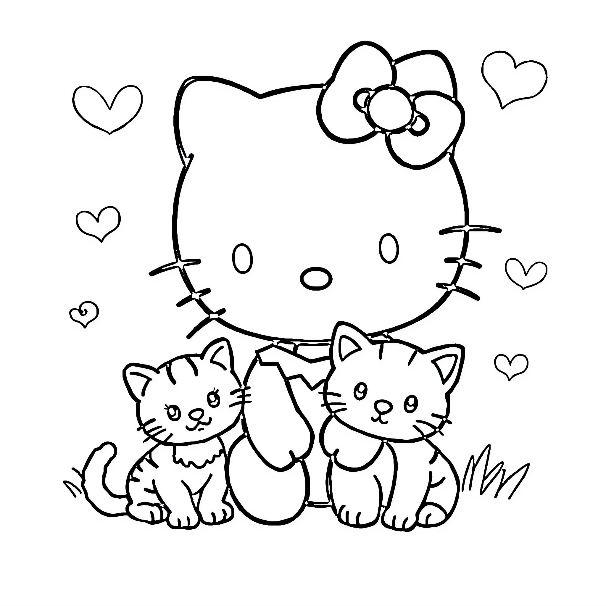 Hello Kitty and Cute Kittens Coloring Page (free black-and-white line drawing printable PDF for all, from beginners to advanced learners, including children, teens, adults, and seniors)