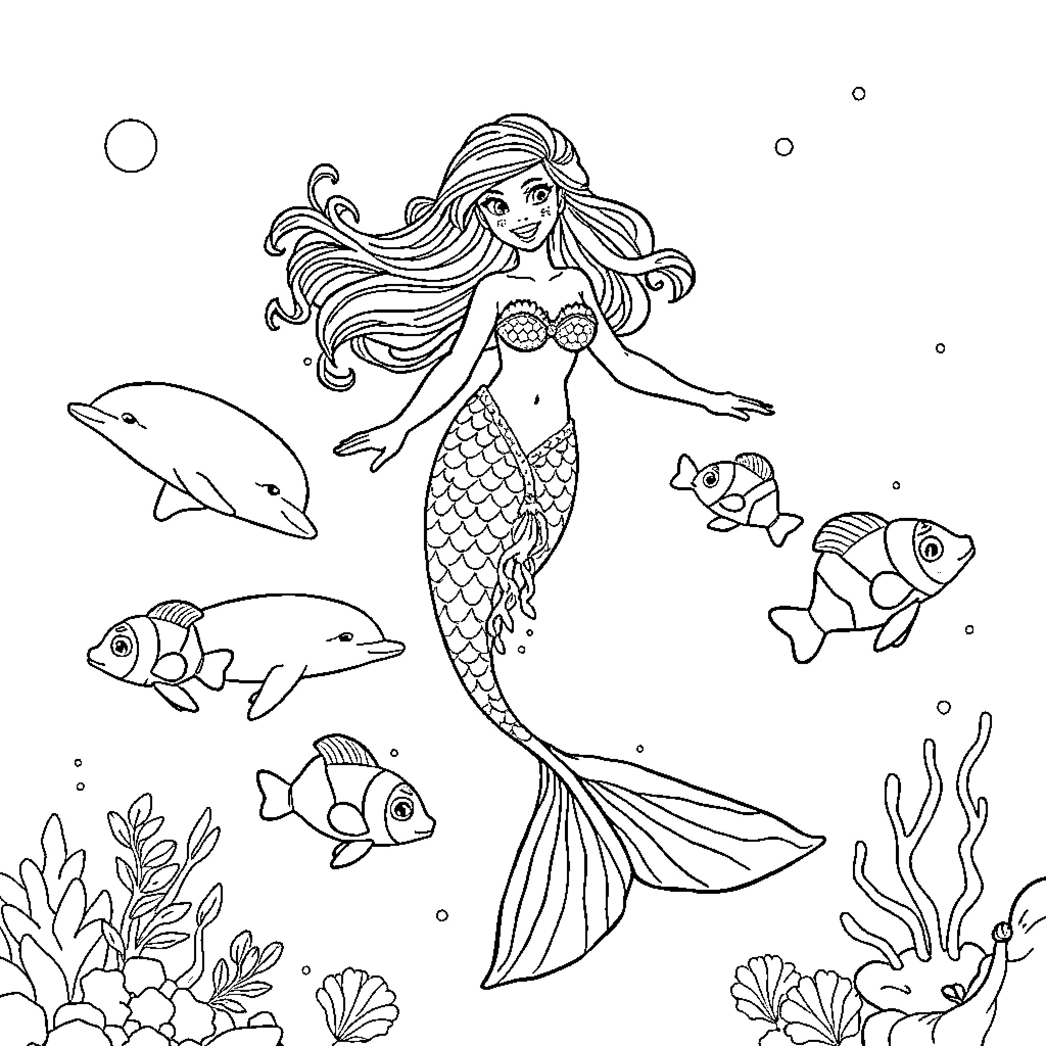 Mermaid exploring the underwater world Coloring Page (free black-and-white line drawing printable PDF for all, from beginners to advanced learners, including children, teens, adults, and seniors)
