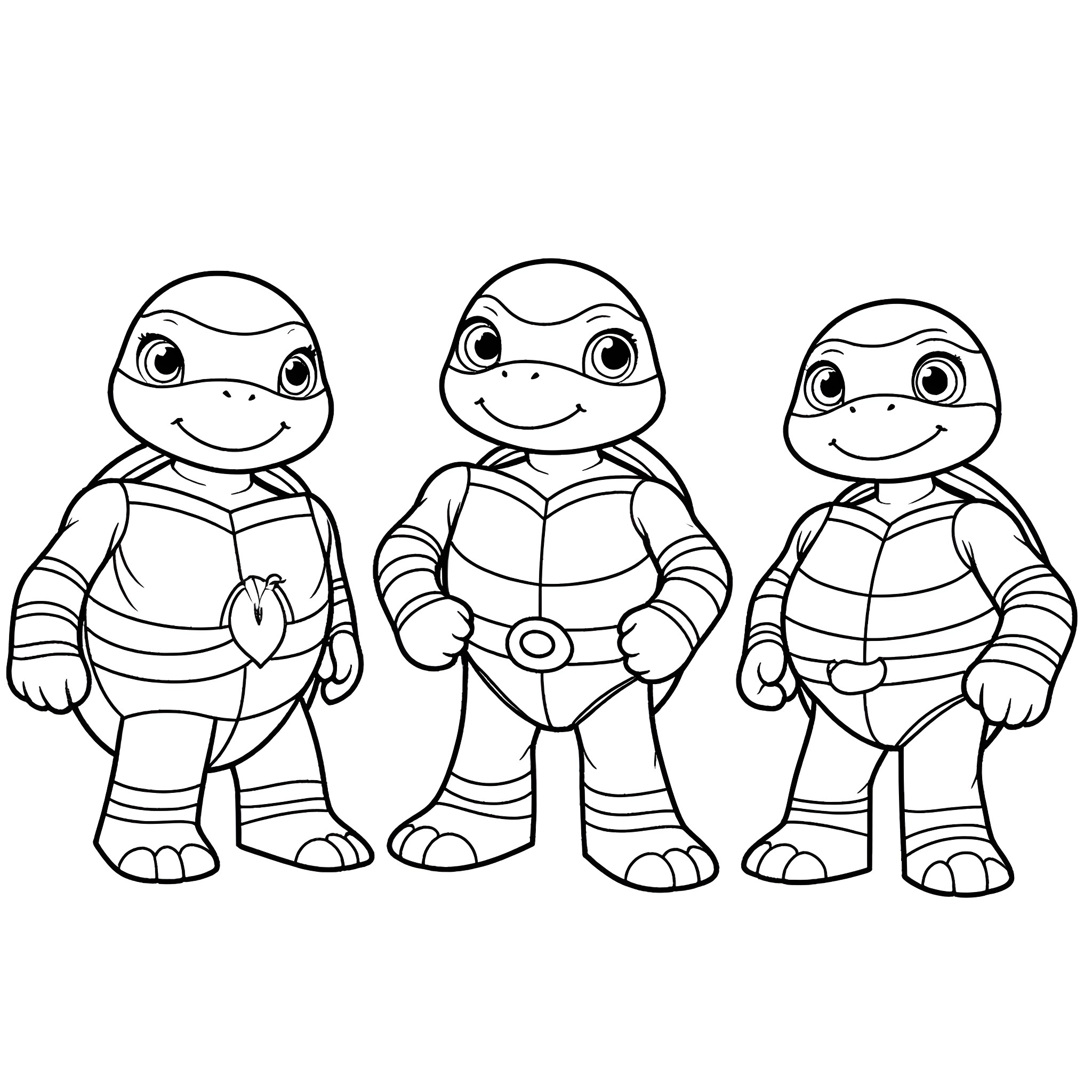 Turtle superheroes in action poses Coloring Page (free black-and-white line drawing printable PDF for all, from beginners to advanced learners, including children, teens, adults, and seniors)