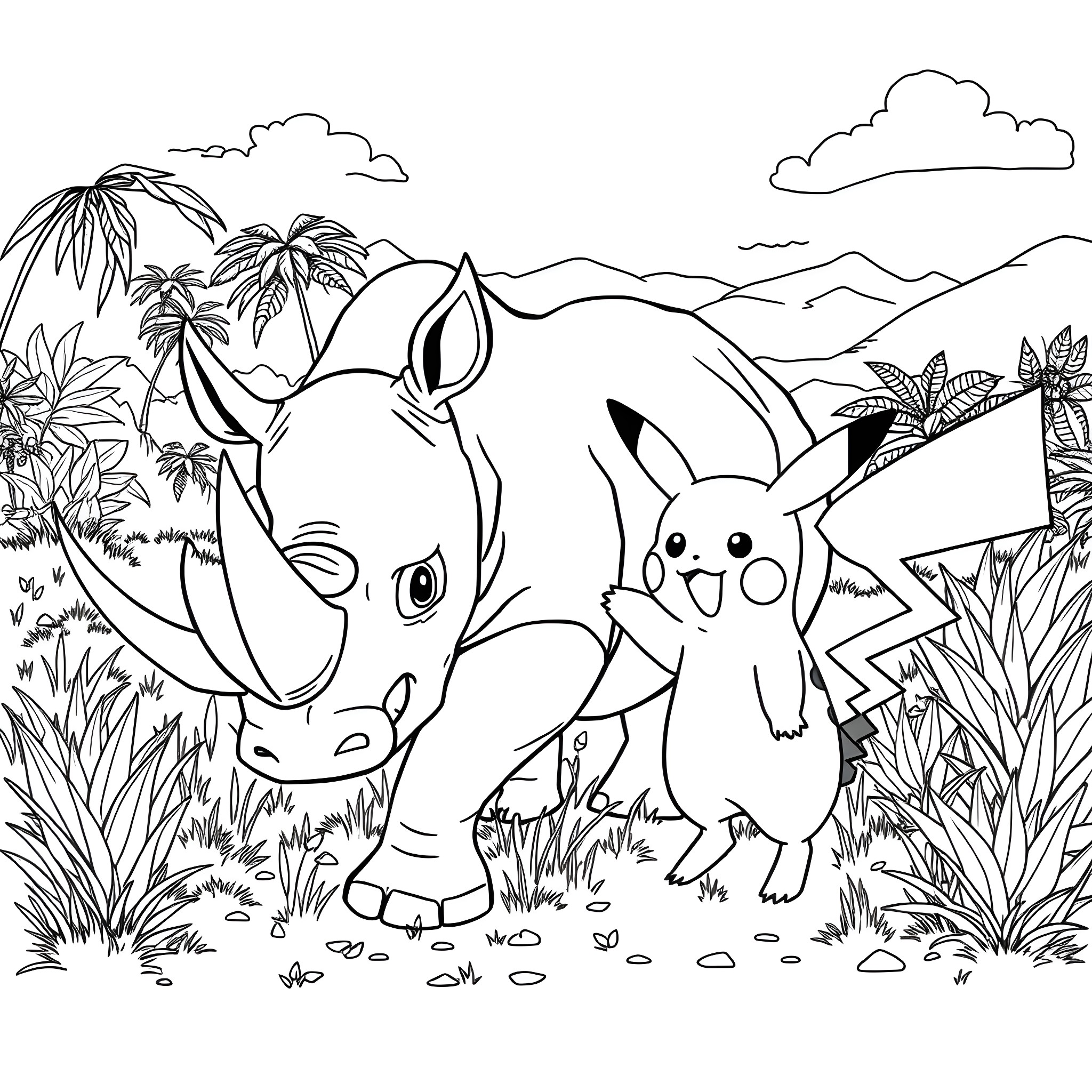 Rhino and Rabbit exploring tropical landscape Coloring Page (free black-and-white line drawing printable PDF for all, from beginners to advanced learners, including children, teens, adults, and seniors)