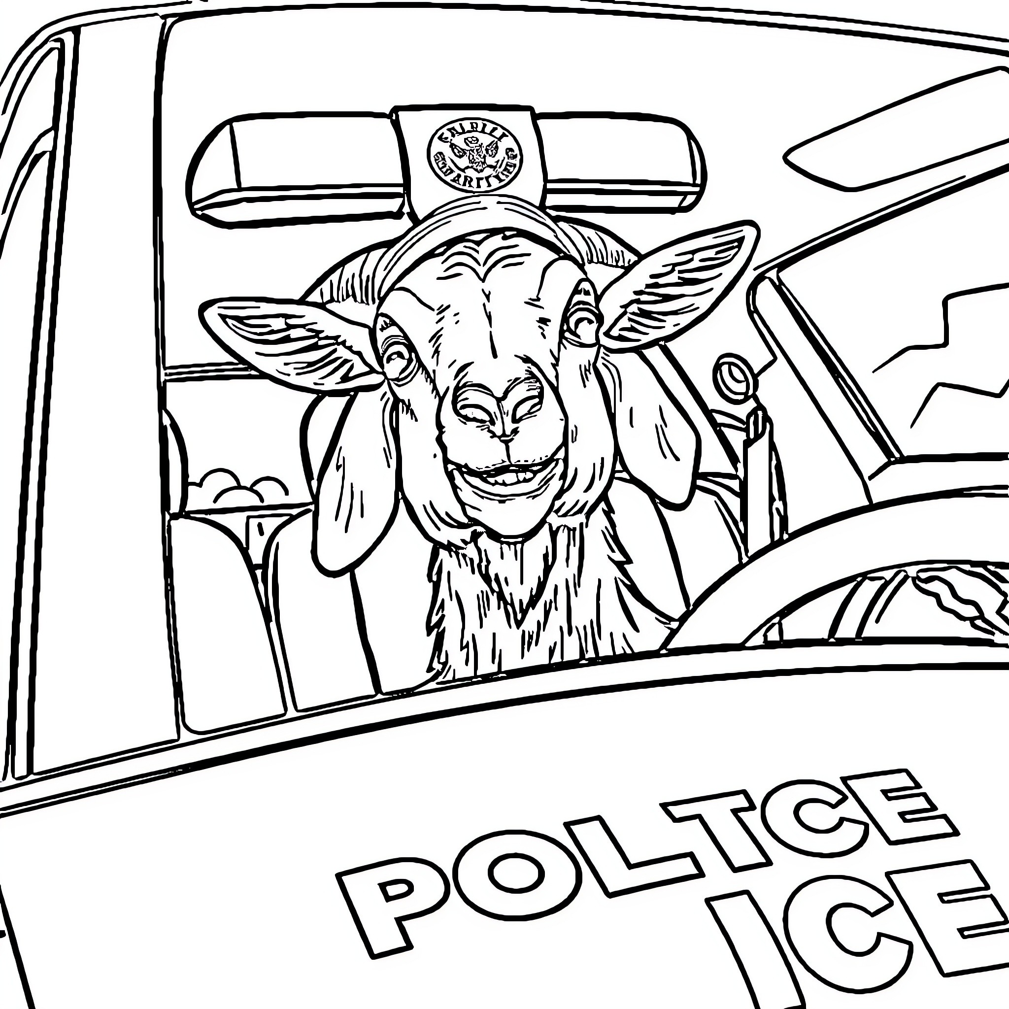 Goat driving police vehicle with a happy expression Coloring Page (free black-and-white line drawing printable PDF for all, from beginners to advanced learners, including children, teens, adults, and seniors)