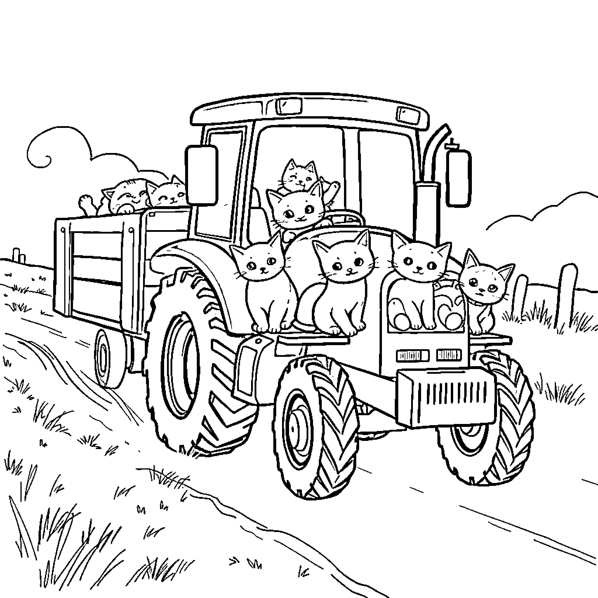 Tractor hauling kittens on a countryside scene Coloring Page (free black-and-white line drawing printable PDF for all, from beginners to advanced learners, including children, teens, adults, and seniors)