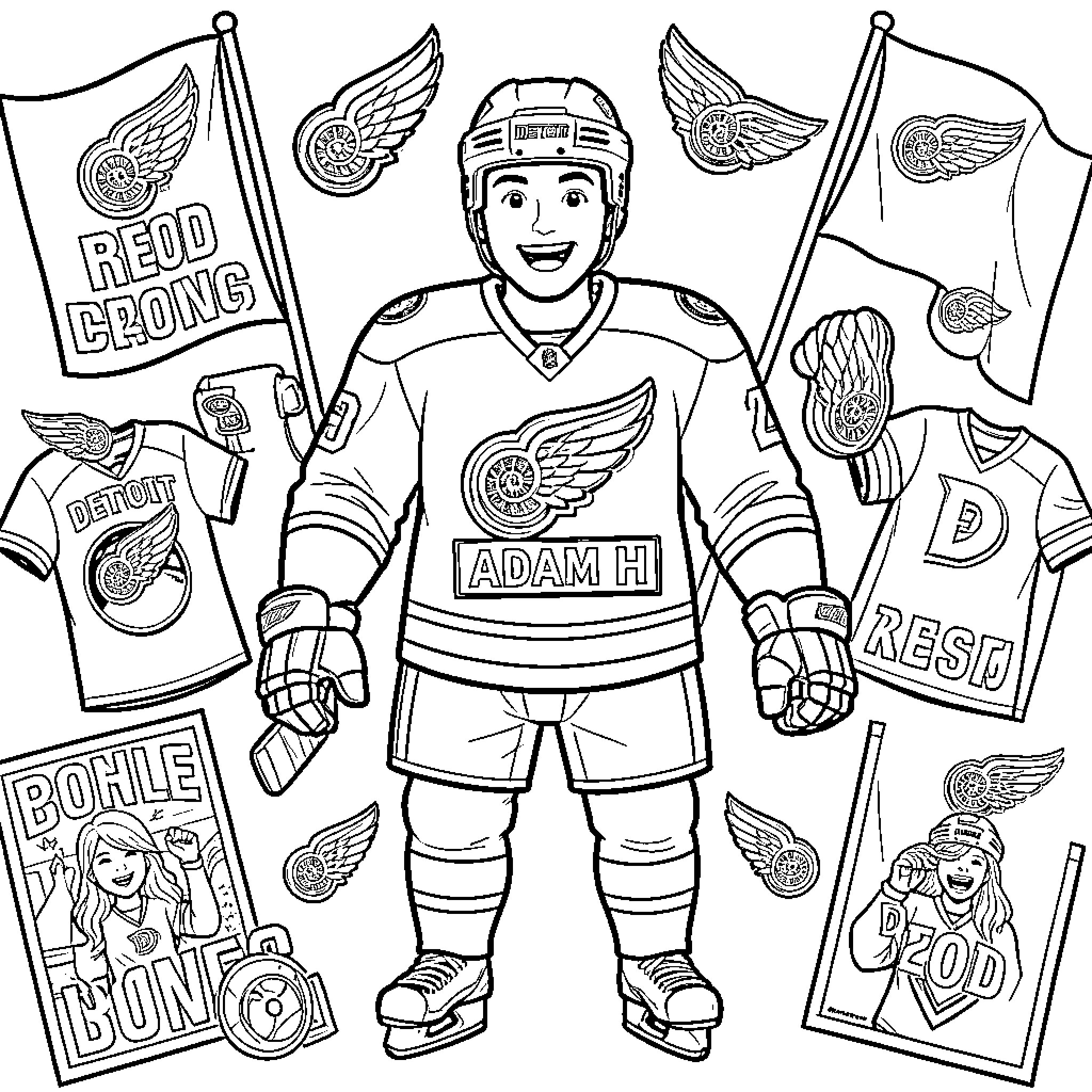 Hockey Player celebrating amidst team gear and flags Coloring Page (free black-and-white line drawing printable PDF for all, from beginners to advanced learners, including children, teens, adults, and seniors)
