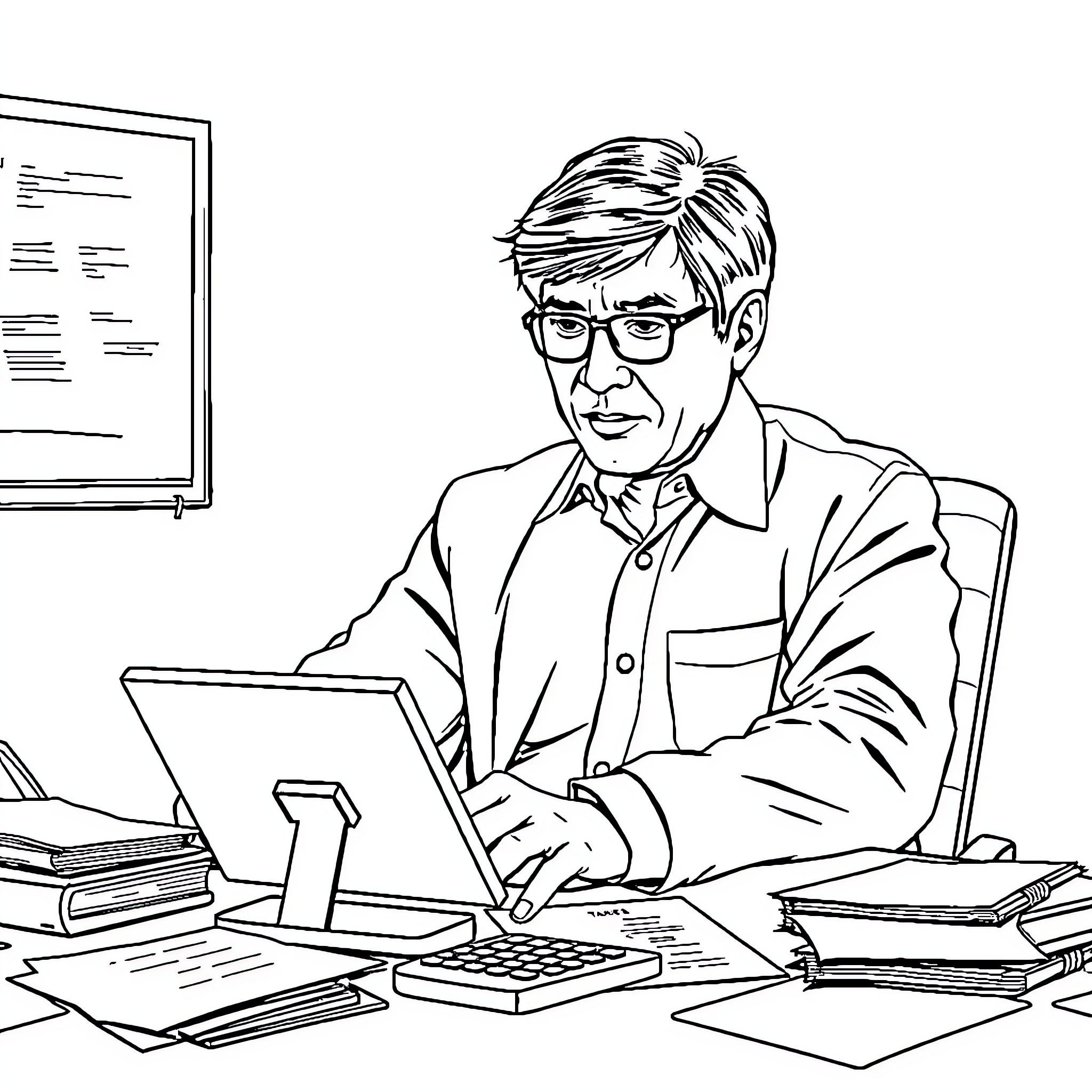 Jackie Chan working diligently at his computer Coloring Page (free black-and-white line drawing printable PDF for all, from beginners to advanced learners, including children, teens, adults, and seniors)