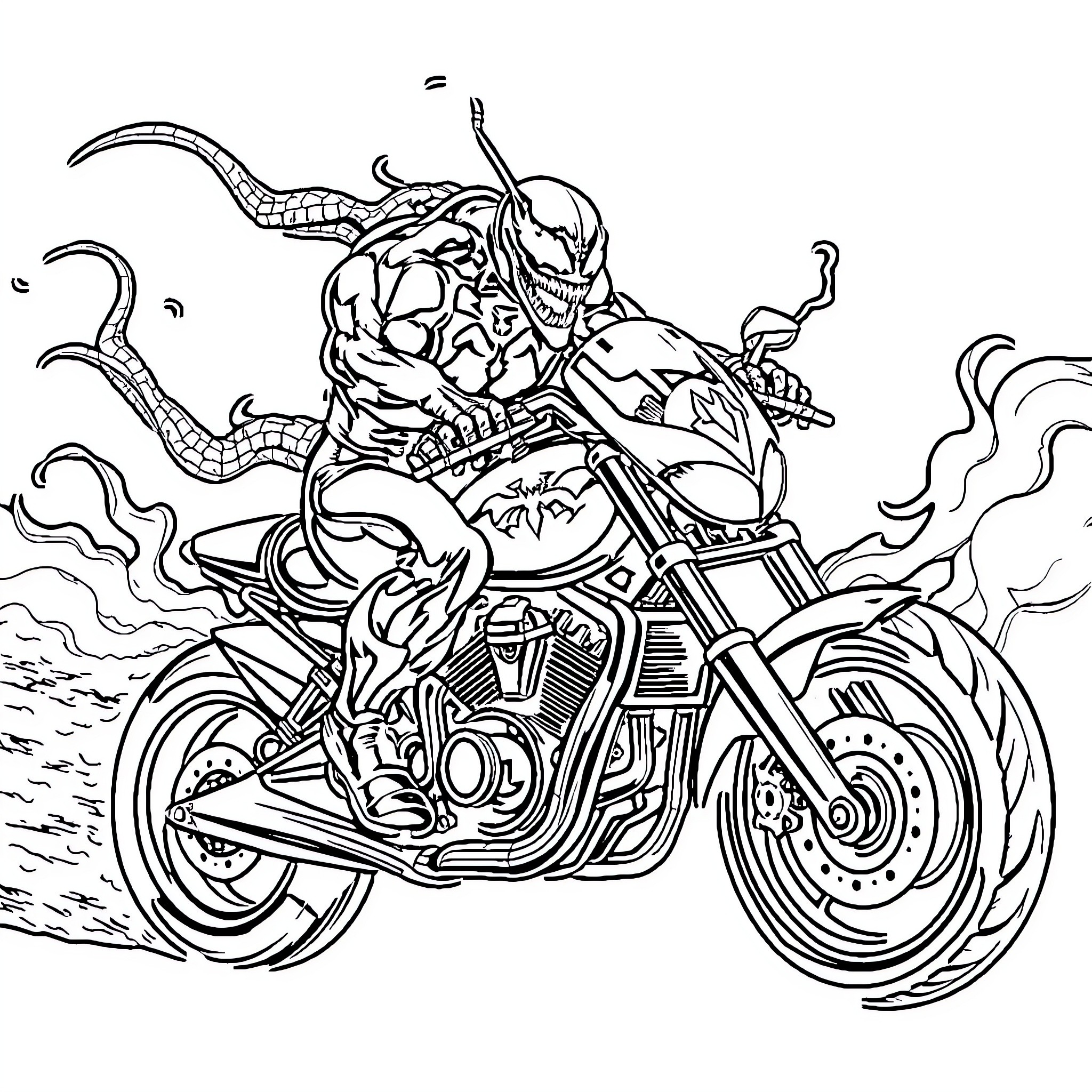 Venom riding a fierce motorcycle in the dark Coloring Page (free black-and-white line drawing printable PDF for all, from beginners to advanced learners, including children, teens, adults, and seniors)