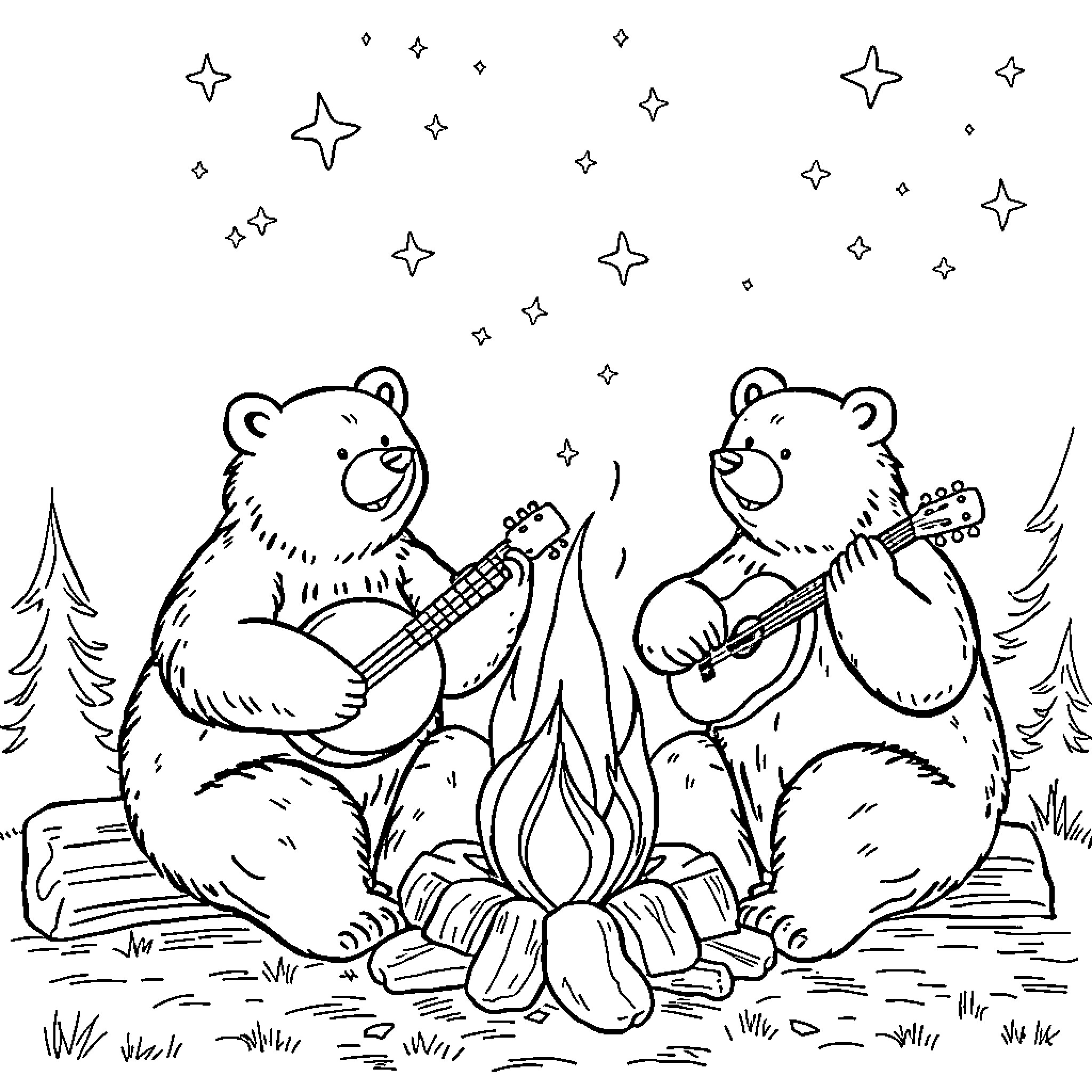 Bears playing music around campfire Coloring Page (free black-and-white line drawing printable PDF for all, from beginners to advanced learners, including children, teens, adults, and seniors)