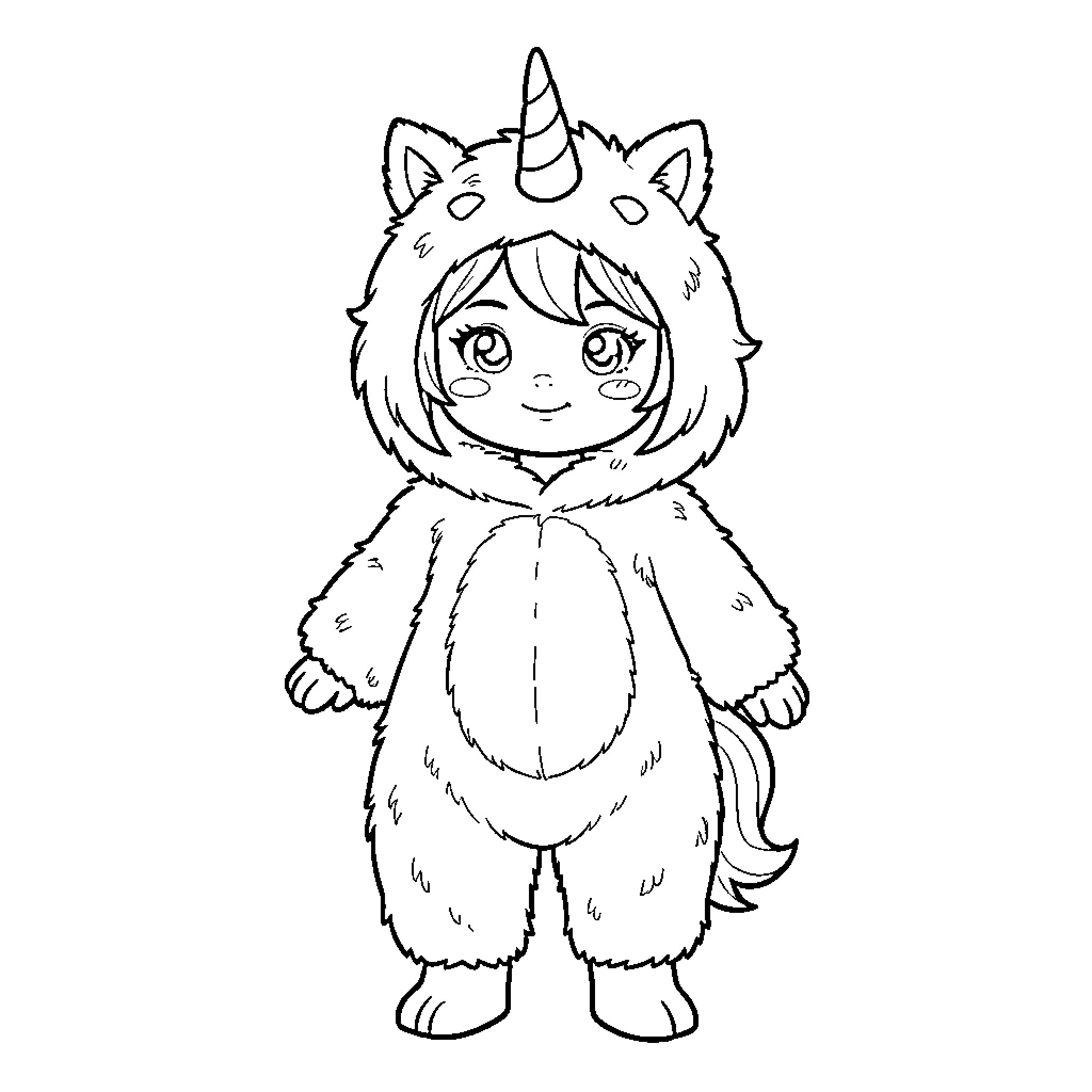 Unicorn costume worn by a cute character Coloring Page (free black-and-white line drawing printable PDF for all, from beginners to advanced learners, including children, teens, adults, and seniors)