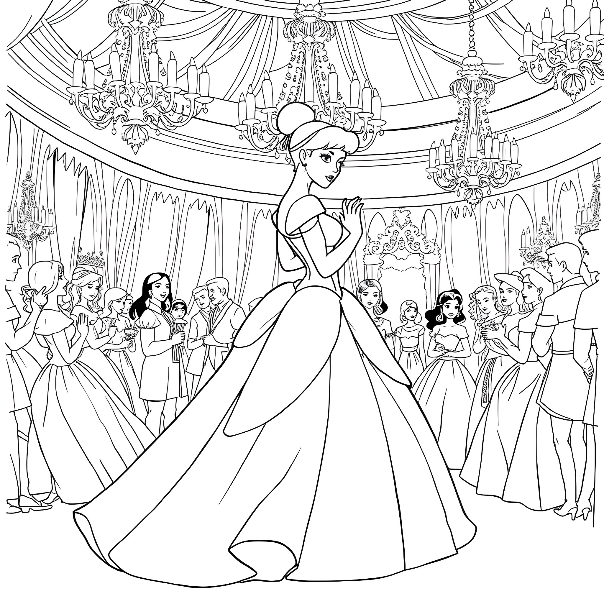 Cinderella's Magical Ball Transformation Coloring Page (free black-and-white line drawing printable PDF for all, from beginners to advanced learners, including children, teens, adults, and seniors)