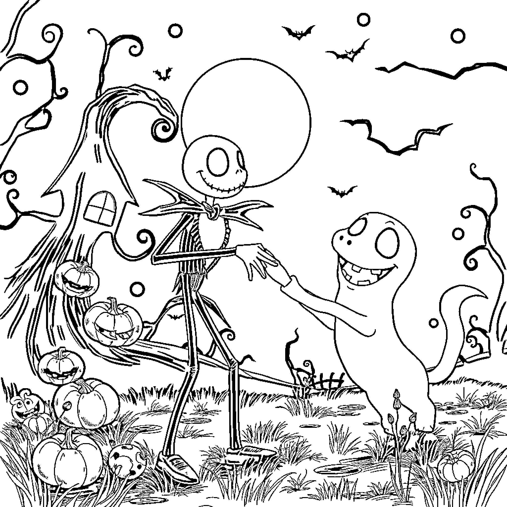 Jack Skellington dancing with friends in a spooky Halloween scene Coloring Page (free black-and-white line drawing printable PDF for all, from beginners to advanced learners, including children, teens, adults, and seniors)