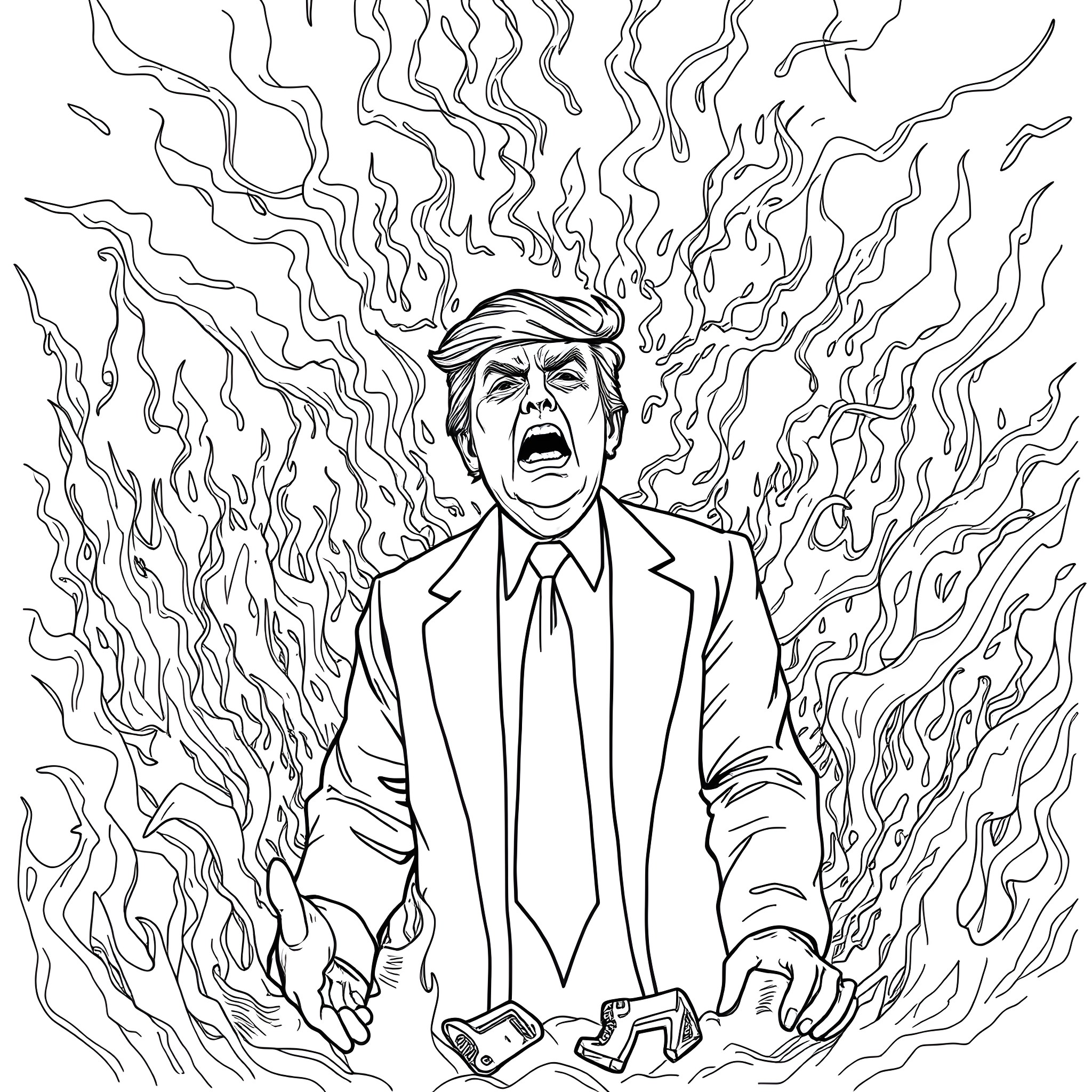 Donald Trump Surrounded by Turbulent Flames Coloring Page (free black-and-white line drawing printable PDF for all, from beginners to advanced learners, including children, teens, adults, and seniors)