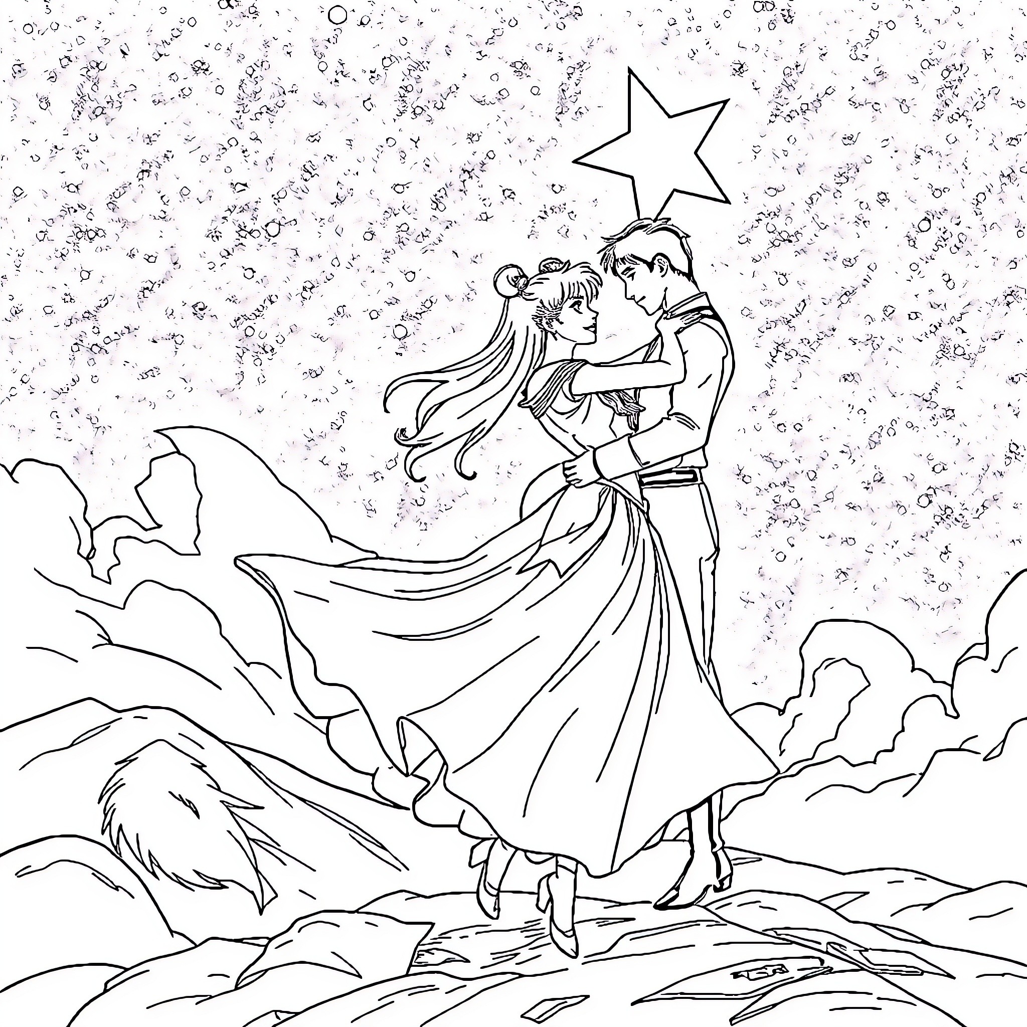 Sailor Saturn dancing under the starry night sky Coloring Page (free black-and-white line drawing printable PDF for all, from beginners to advanced learners, including children, teens, adults, and seniors)