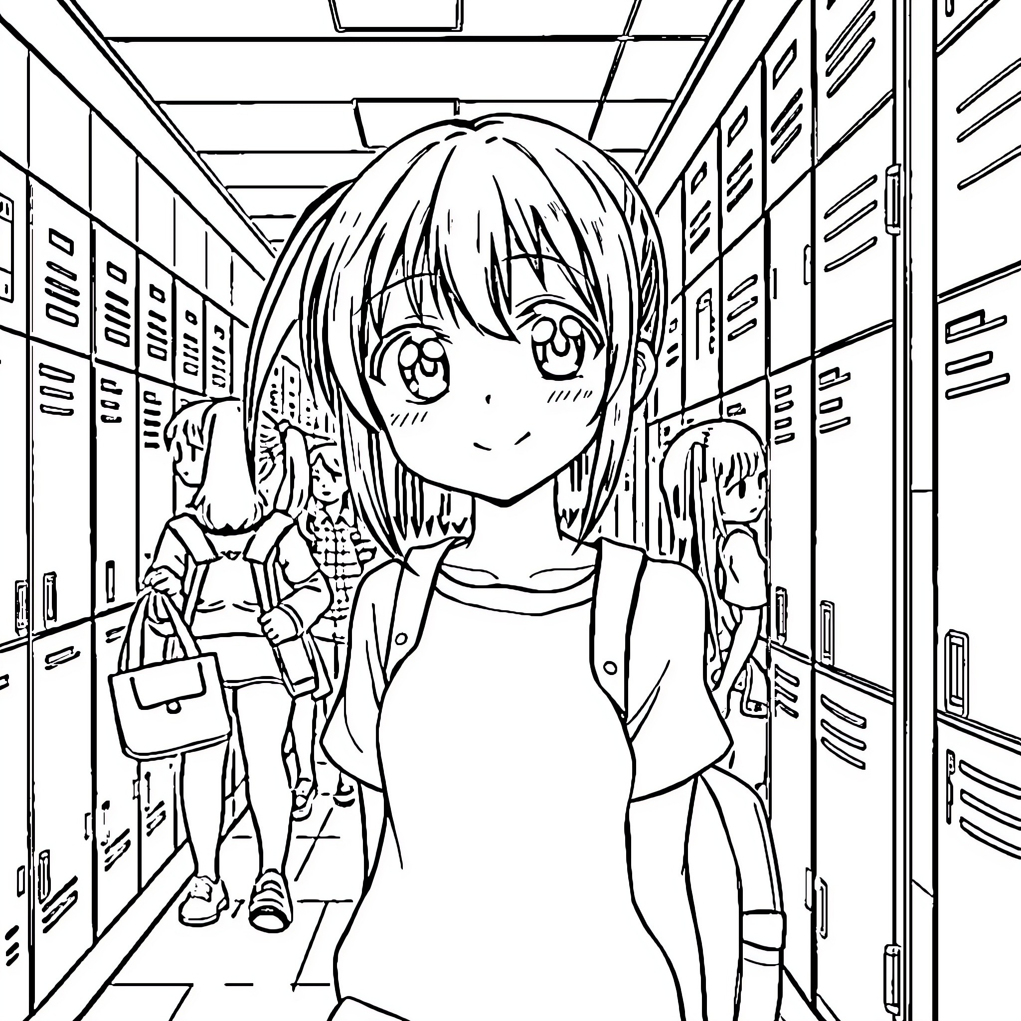 Anime Girl in School Hallway Coloring Page (free black-and-white line drawing printable PDF for all, from beginners to advanced learners, including children, teens, adults, and seniors)