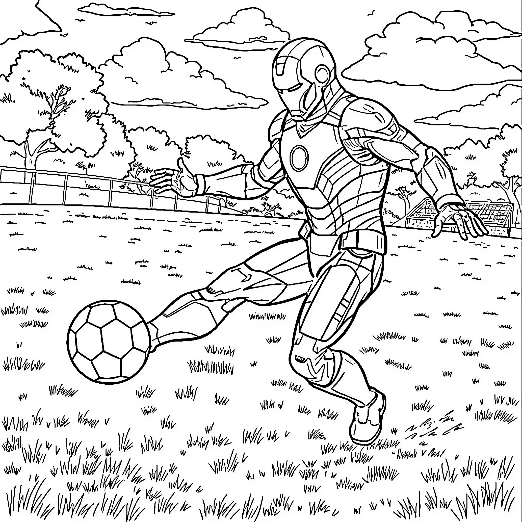 Iron Man kicking a soccer ball in a grassy field Coloring Page (free black-and-white line drawing printable PDF for all, from beginners to advanced learners, including children, teens, adults, and seniors)