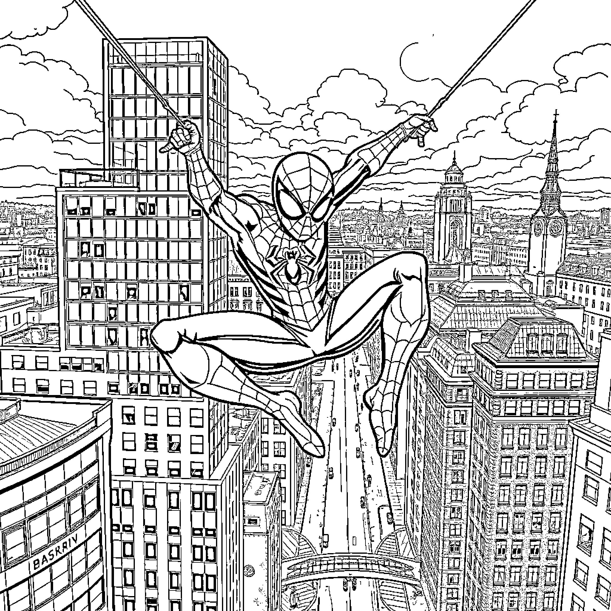 Spiderman swinging high above the city skyline Coloring Page (free black-and-white line drawing printable PDF for all, from beginners to advanced learners, including children, teens, adults, and seniors)