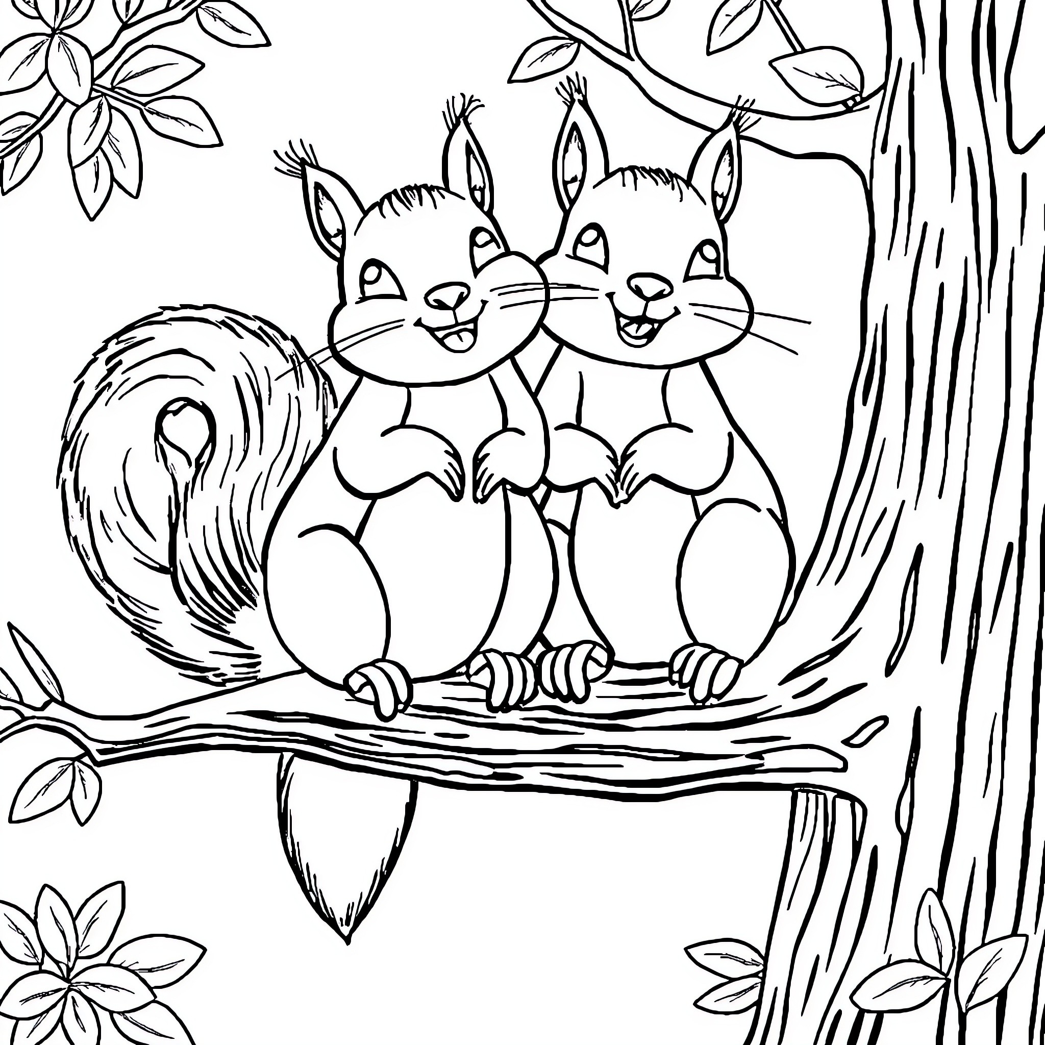Squirrels resting on a tree branch Coloring Page (free black-and-white line drawing printable PDF for all, from beginners to advanced learners, including children, teens, adults, and seniors)