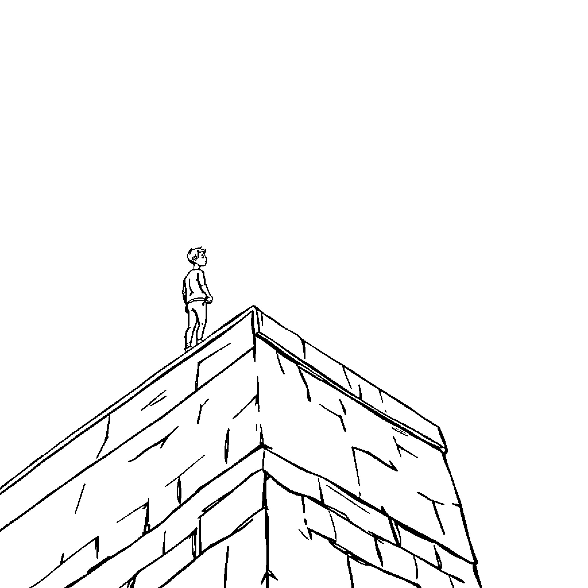 Man standing atop a steep incline Coloring Page (free black-and-white line drawing printable PDF for all, from beginners to advanced learners, including children, teens, adults, and seniors)