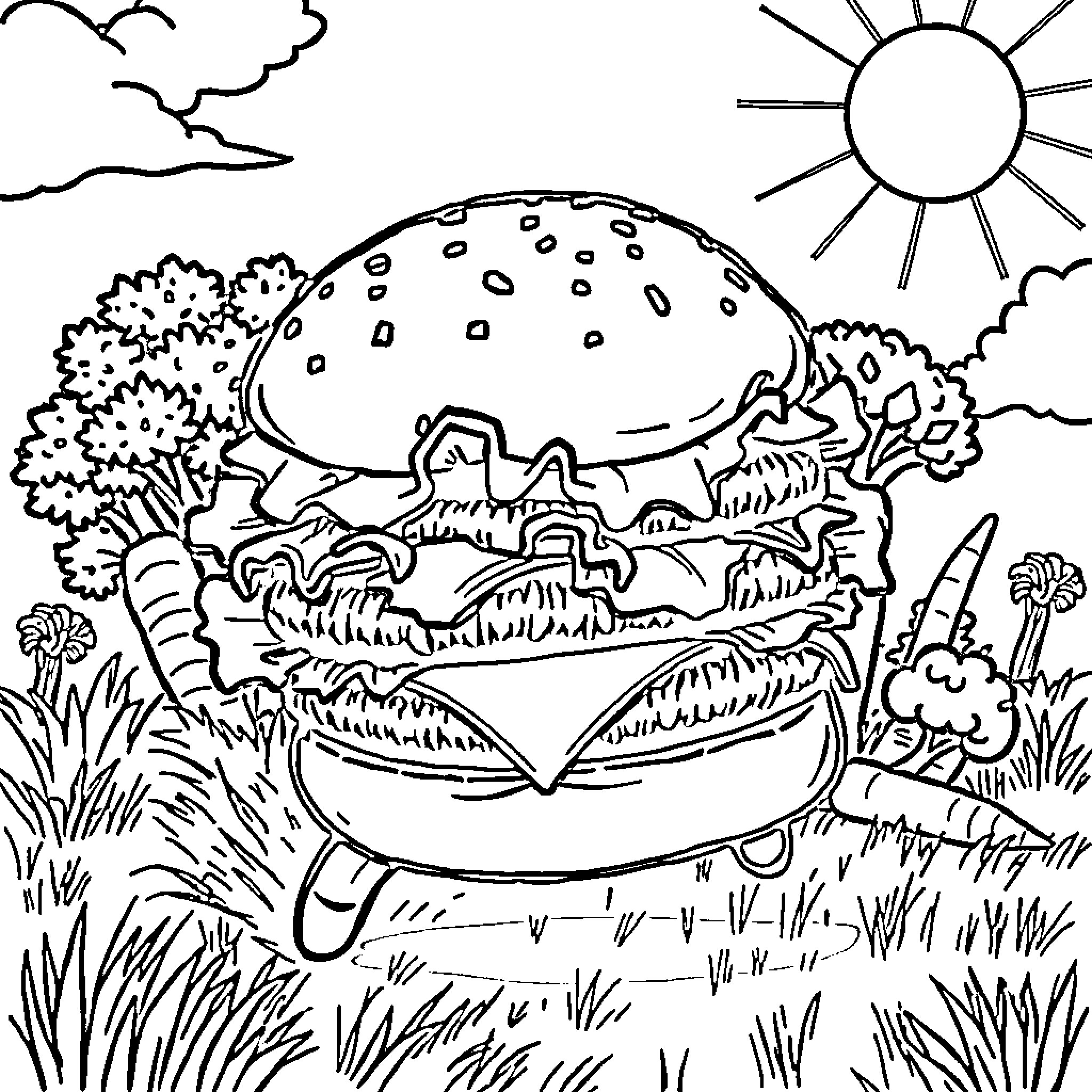 Cheeseburger in a serene outdoor setting Coloring Page (free black-and-white line drawing printable PDF for all, from beginners to advanced learners, including children, teens, adults, and seniors)