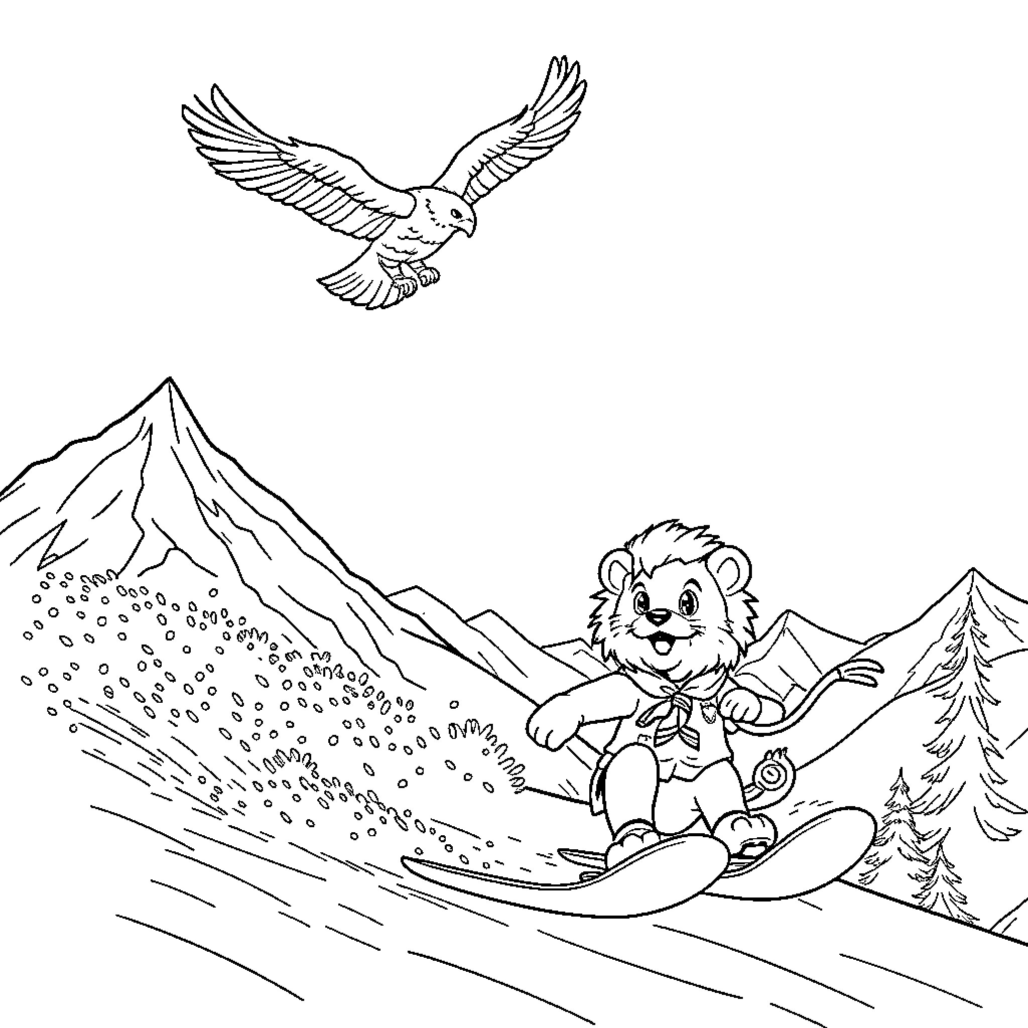 Lion skiing down the mountain with eagle soaring above Coloring Page (free black-and-white line drawing printable PDF for all, from beginners to advanced learners, including children, teens, adults, and seniors)