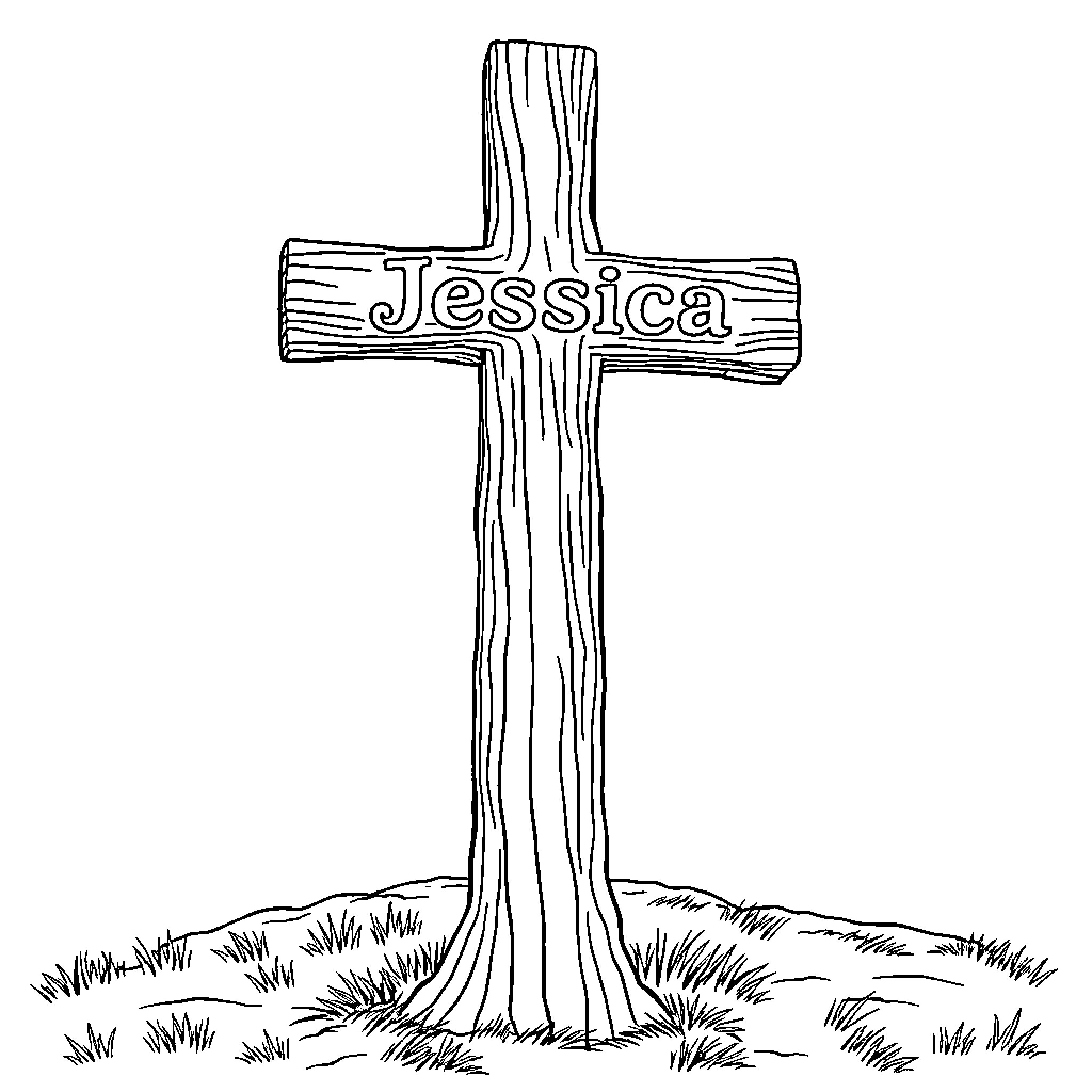 Cross with name engraved in the woods Coloring Page (free black-and-white line drawing printable PDF for all, from beginners to advanced learners, including children, teens, adults, and seniors)