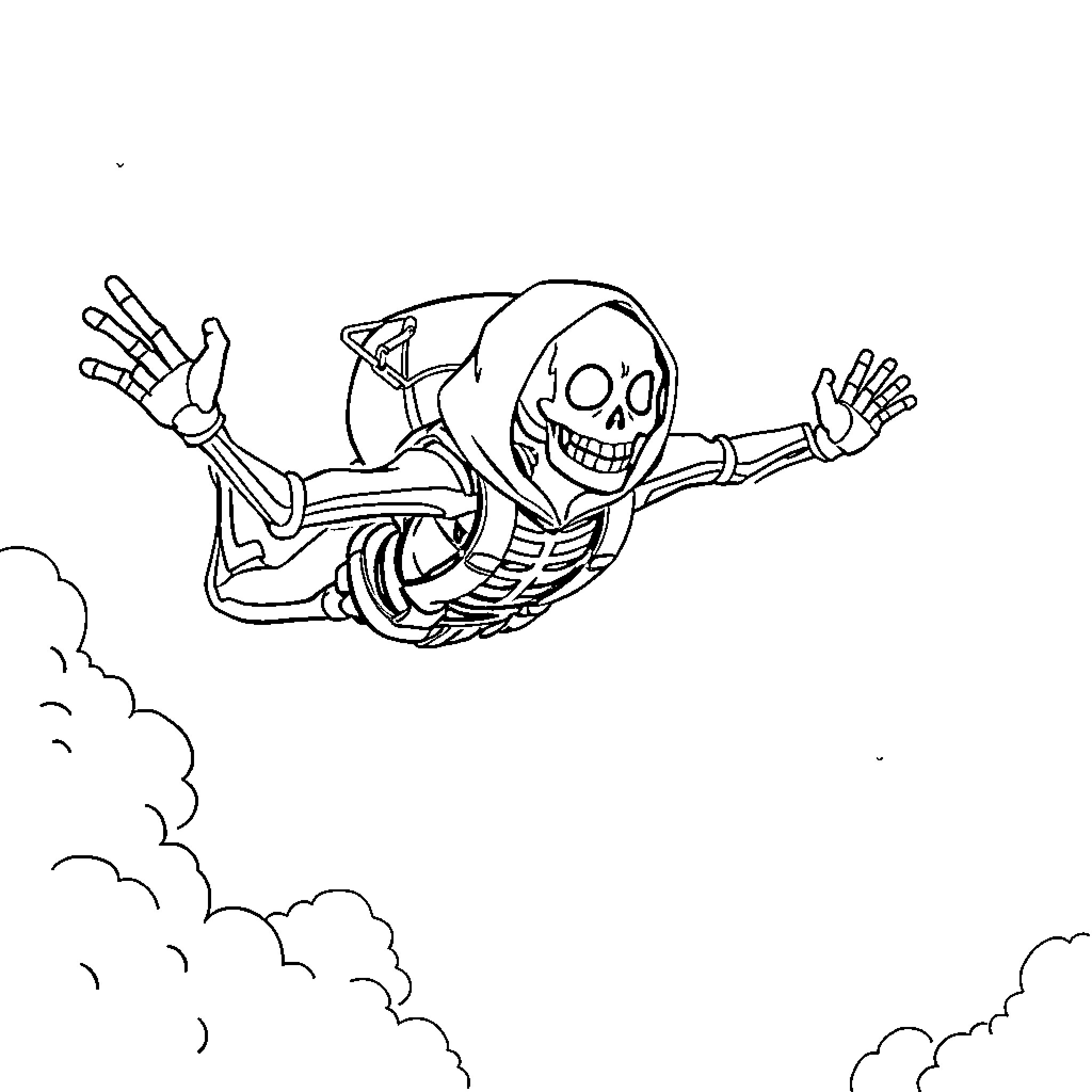 Sans skeleton soaring through the clouds Coloring Page (free black-and-white line drawing printable PDF for all, from beginners to advanced learners, including children, teens, adults, and seniors)
