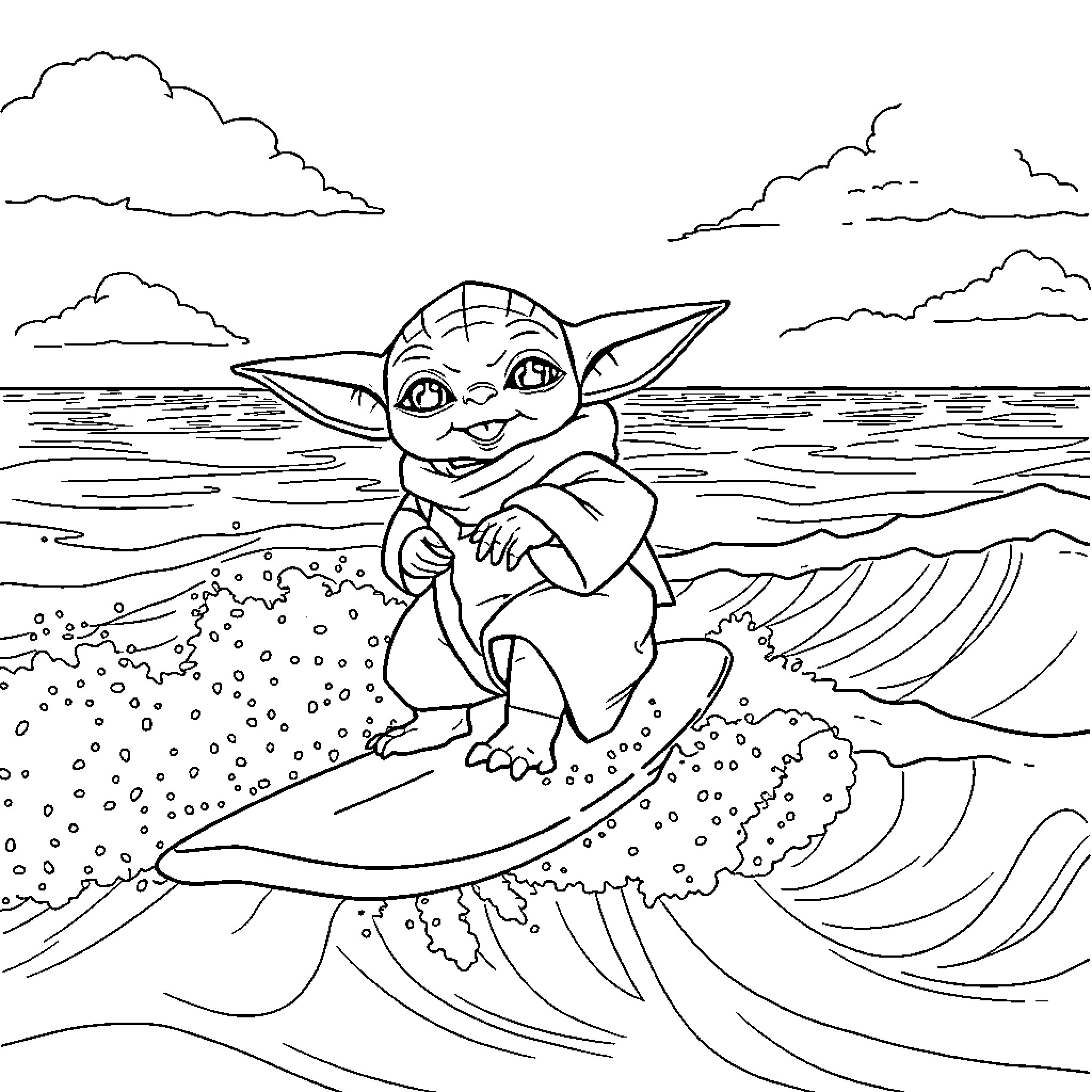 Yoda surfing on the ocean waves Coloring Page (free black-and-white line drawing printable PDF for all, from beginners to advanced learners, including children, teens, adults, and seniors)