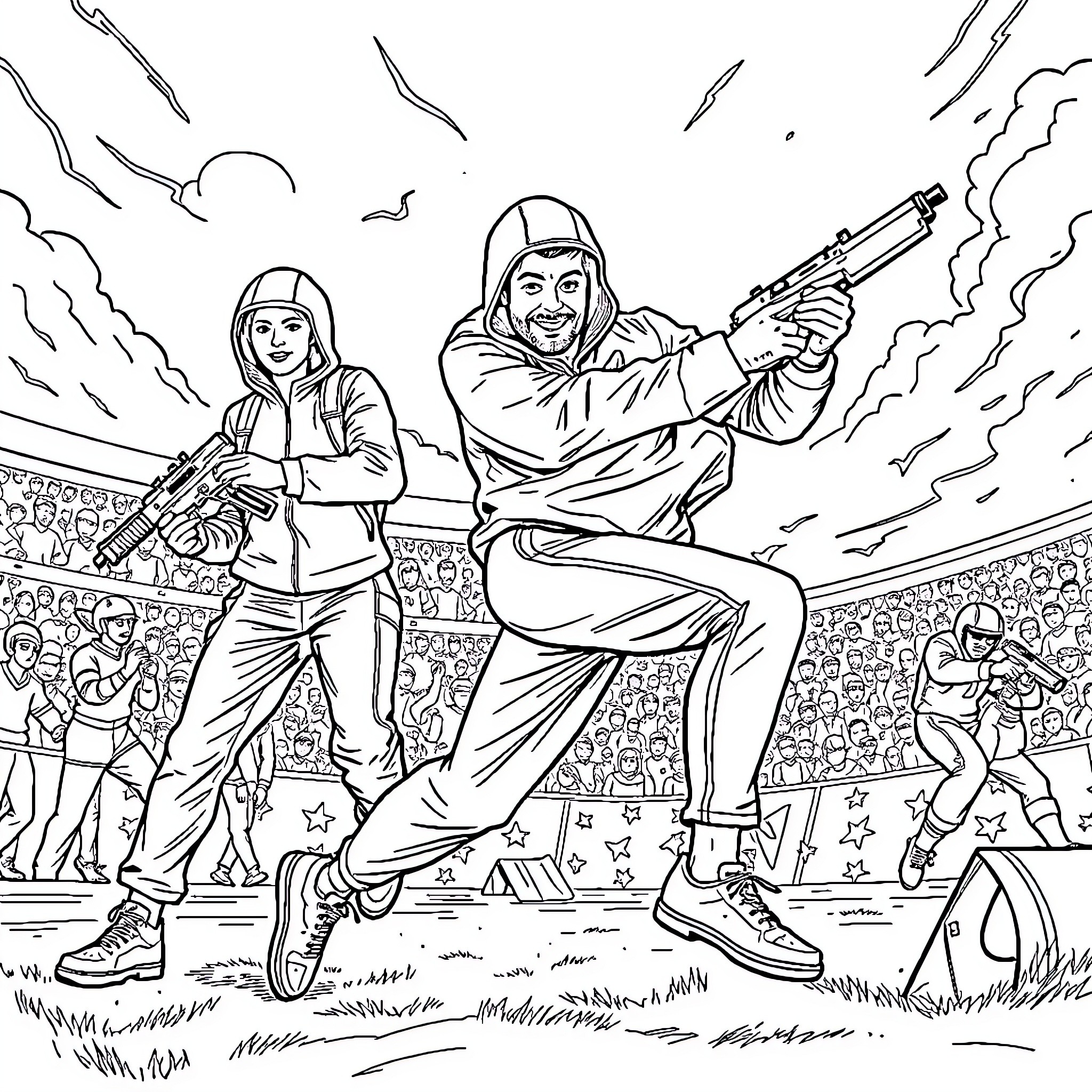 Squid Game Contestants in Action Coloring Page (free black-and-white line drawing printable PDF for all, from beginners to advanced learners, including children, teens, adults, and seniors)