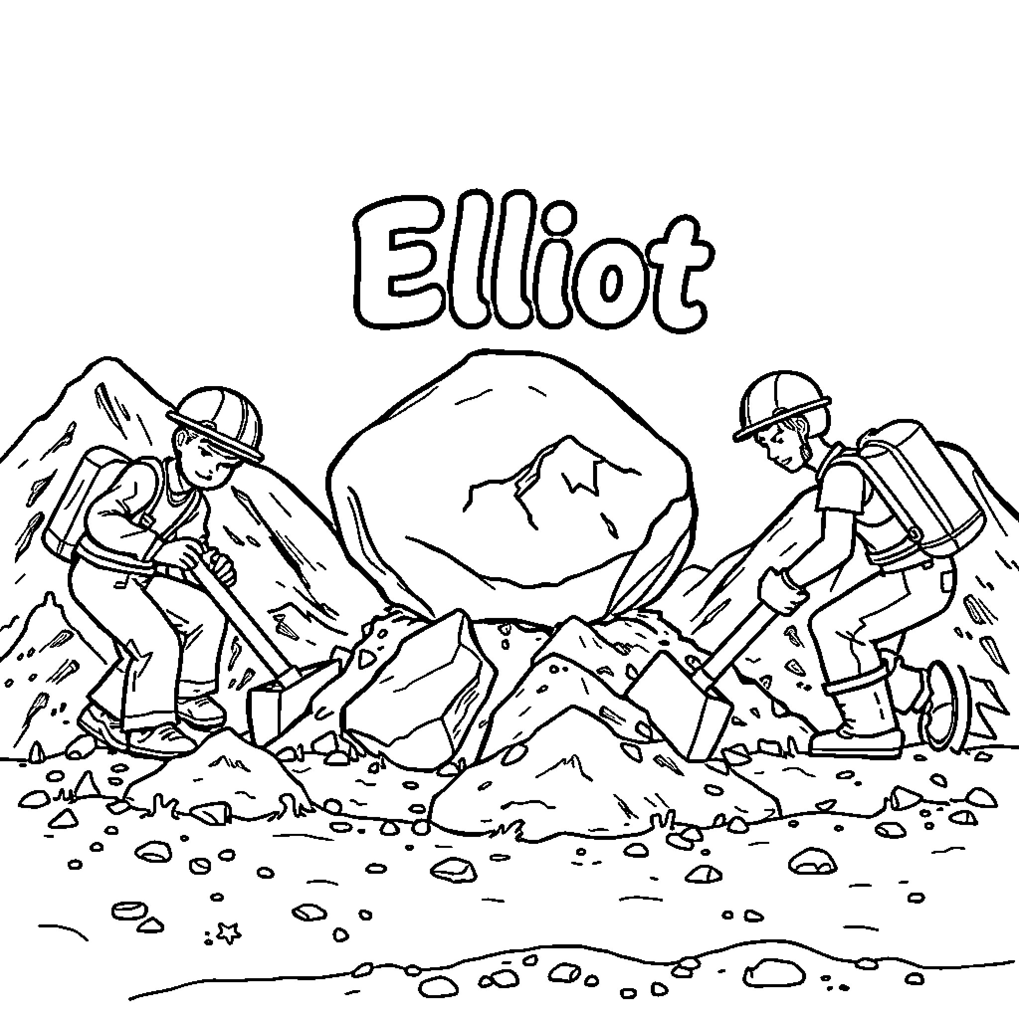 Digger workers clearing rocks on mountainous terrain Coloring Page (free black-and-white line drawing printable PDF for all, from beginners to advanced learners, including children, teens, adults, and seniors)