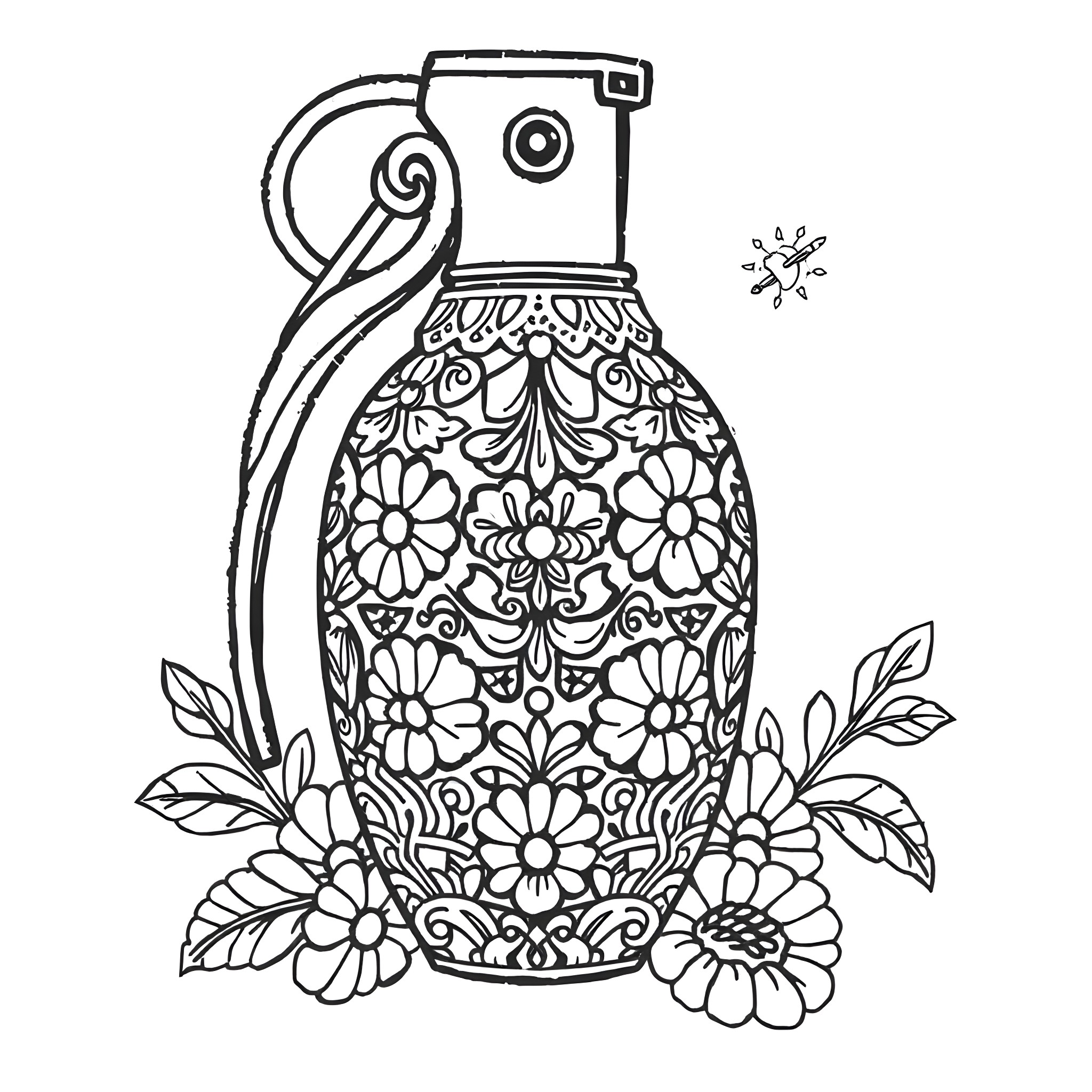 Grenade covered in floral patterns and surrounded by flowers Coloring Page (free black-and-white line drawing printable PDF for all, from beginners to advanced learners, including children, teens, adults, and seniors)
