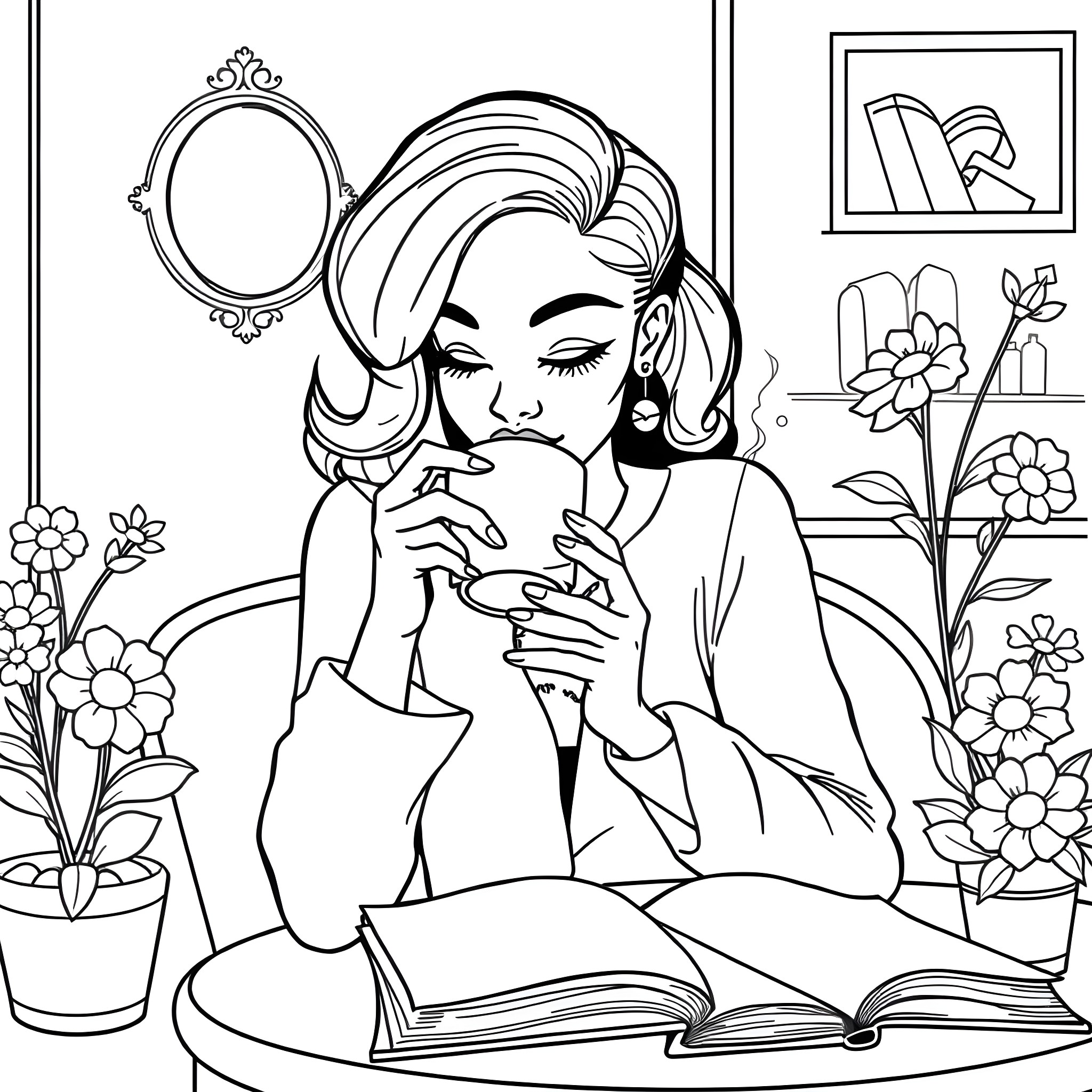 Woman reading a book in a cozy room Coloring Page (free black-and-white line drawing printable PDF for all, from beginners to advanced learners, including children, teens, adults, and seniors)