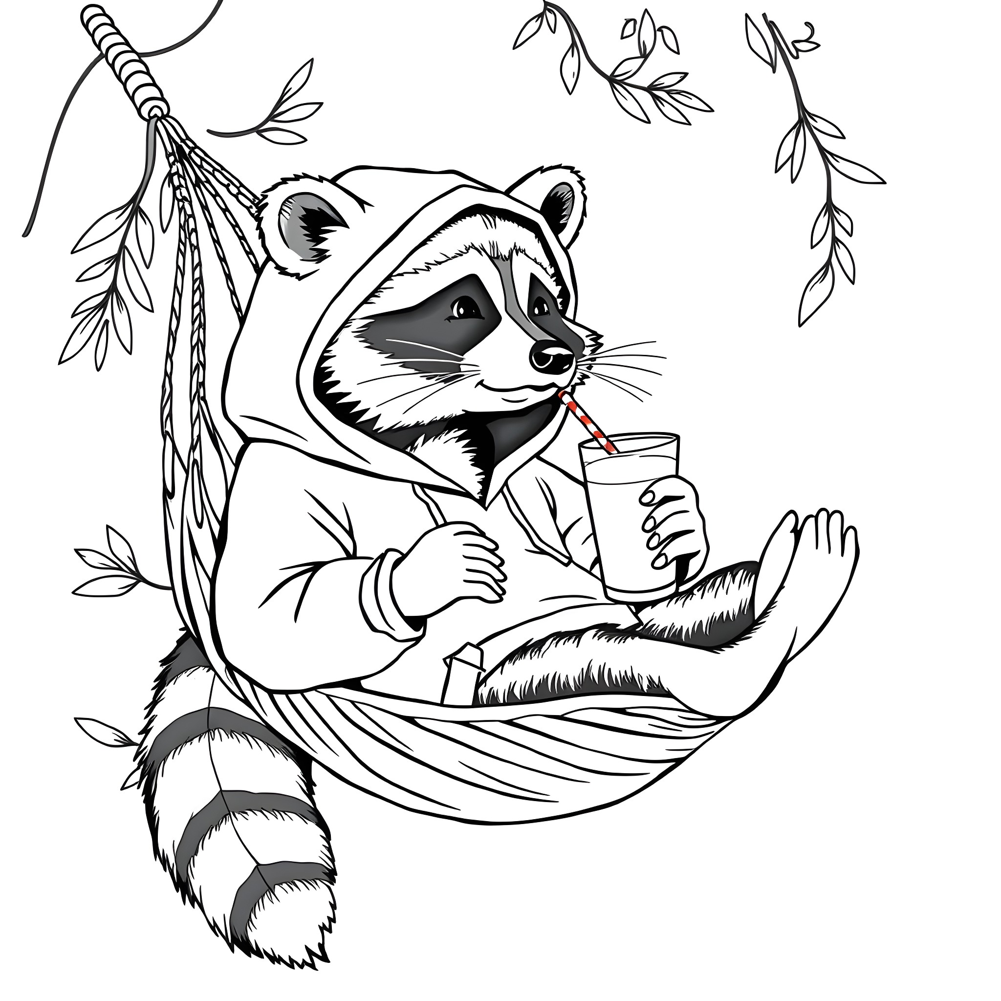 Raccoon relaxing in a hammock with a beverage Coloring Page (free black-and-white line drawing printable PDF for all, from beginners to advanced learners, including children, teens, adults, and seniors)