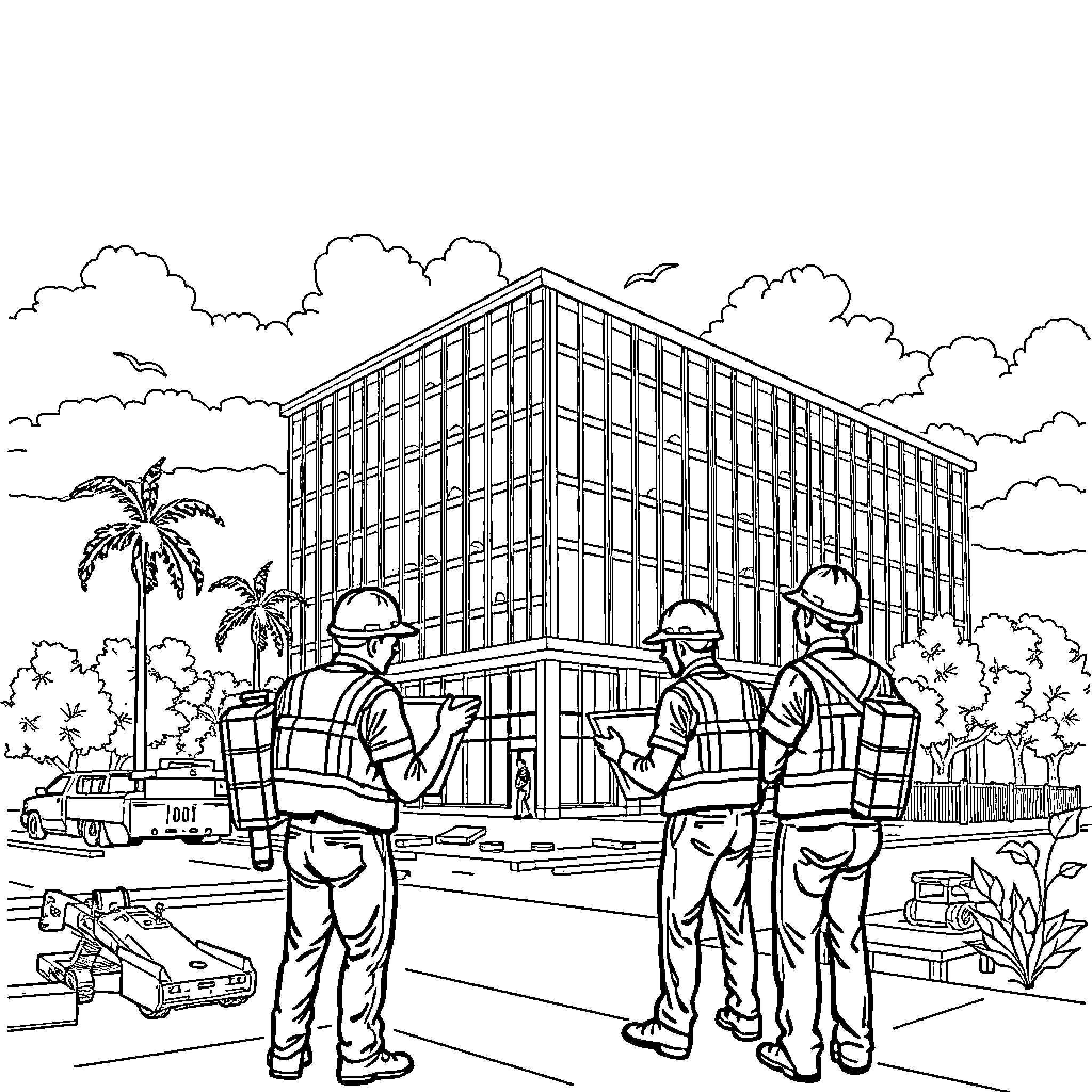 Engineering Construction Site with Workers Coloring Page (free black-and-white line drawing printable PDF for all, from beginners to advanced learners, including children, teens, adults, and seniors)