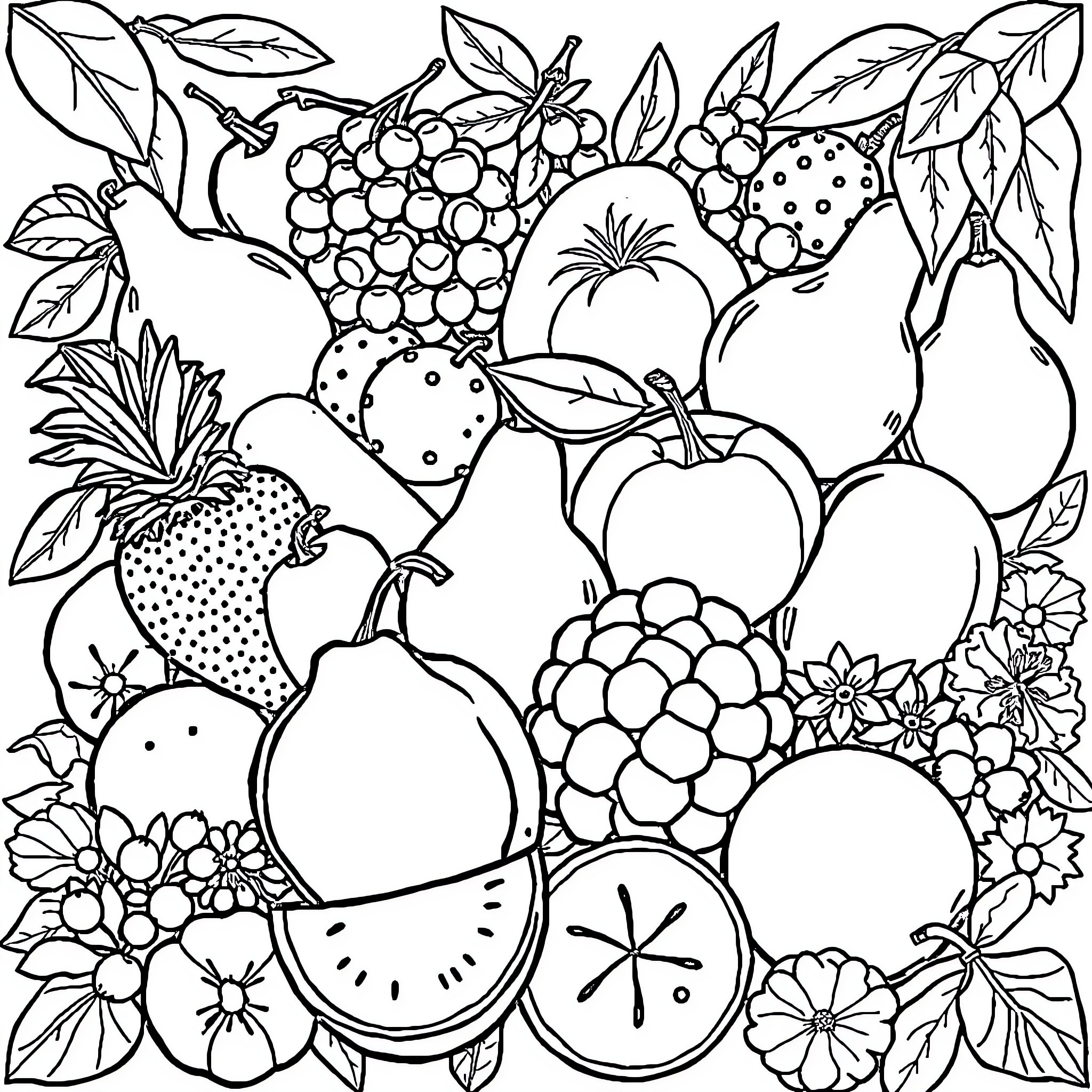 Fruit Filled Floral Arrangement Coloring Page (free black-and-white line drawing printable PDF for all, from beginners to advanced learners, including children, teens, adults, and seniors)