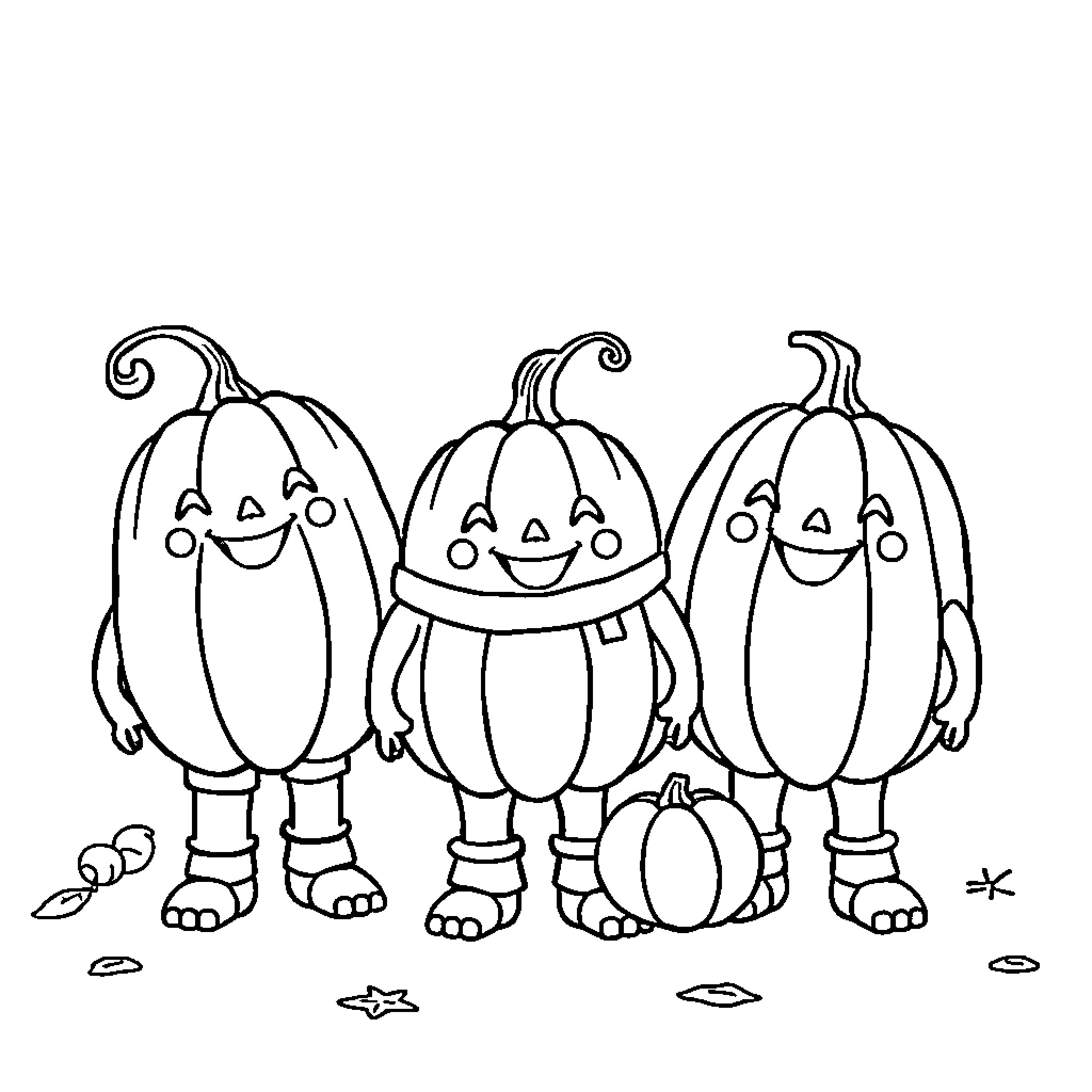 Pumpkin characters in a playful scene Coloring Page (free black-and-white line drawing printable PDF for all, from beginners to advanced learners, including children, teens, adults, and seniors)